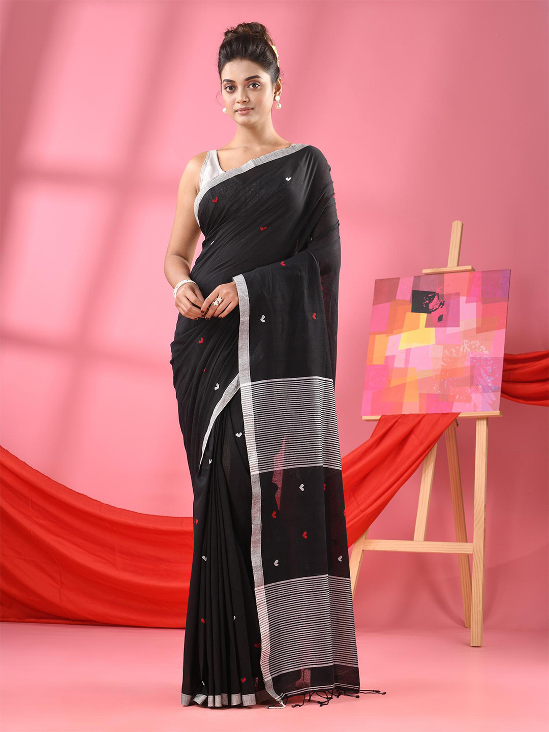 

Angoshobha Geometric Woven Design Pure Cotton Saree, Black