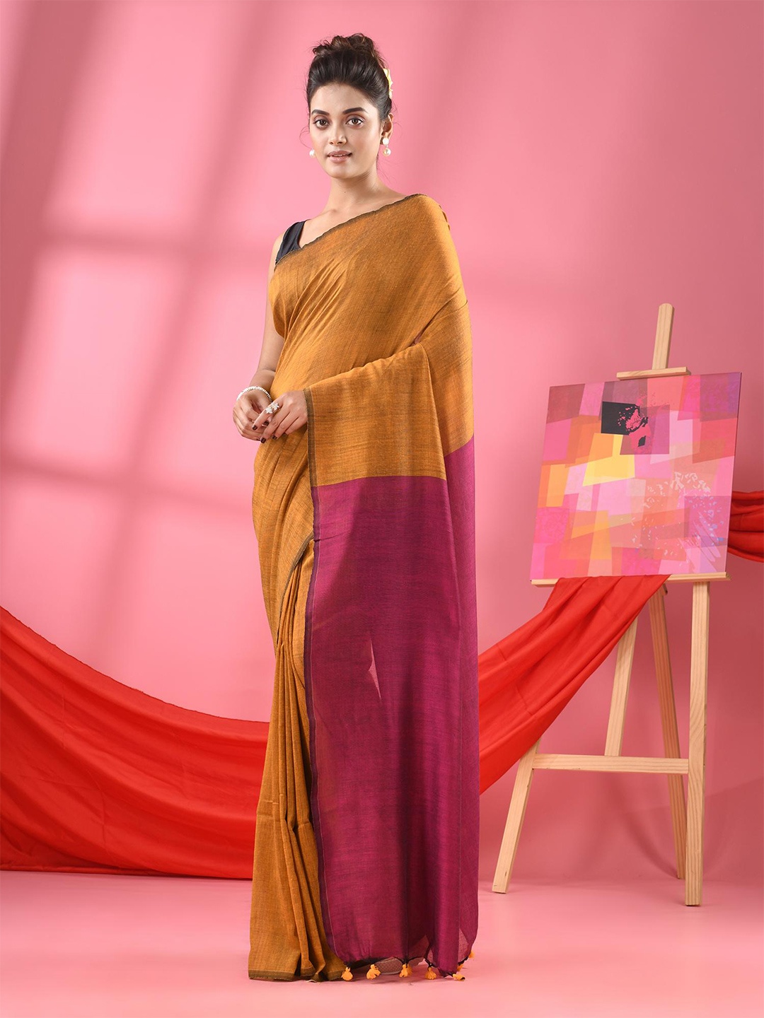 

Angoshobha Colourblocked Woven Design Pure Cotton Saree, Yellow