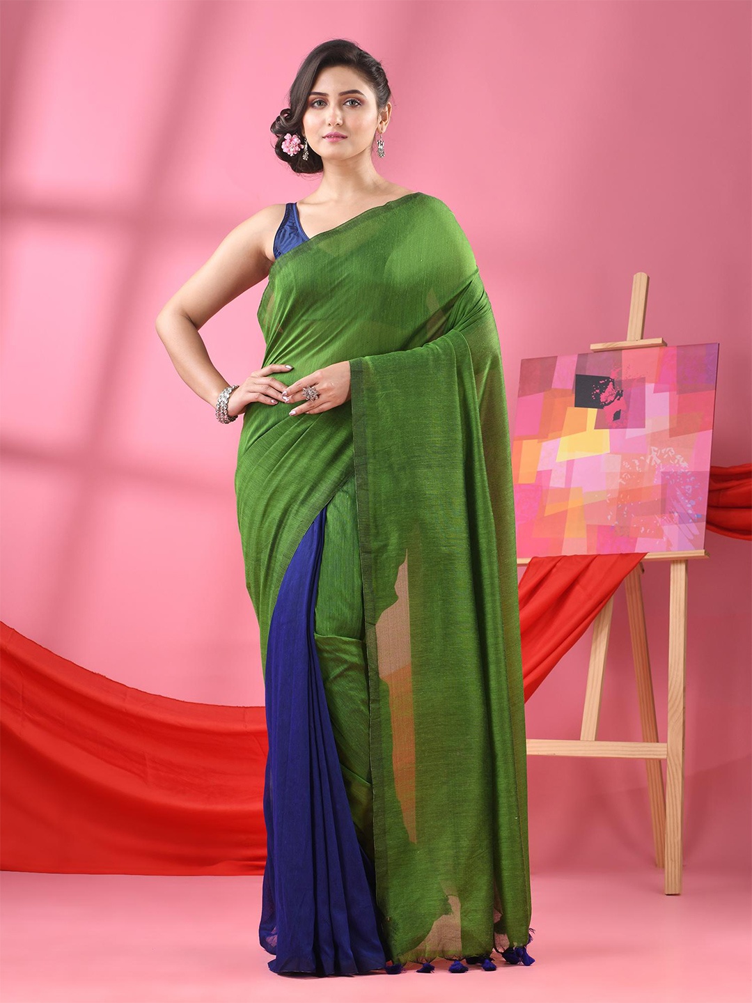 

Angoshobha Woven Design Half and Half Pure Cotton Saree, Green