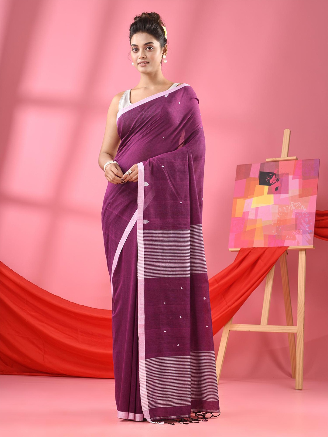

Angoshobha Geometric Woven Design Pure Cotton Saree, Purple