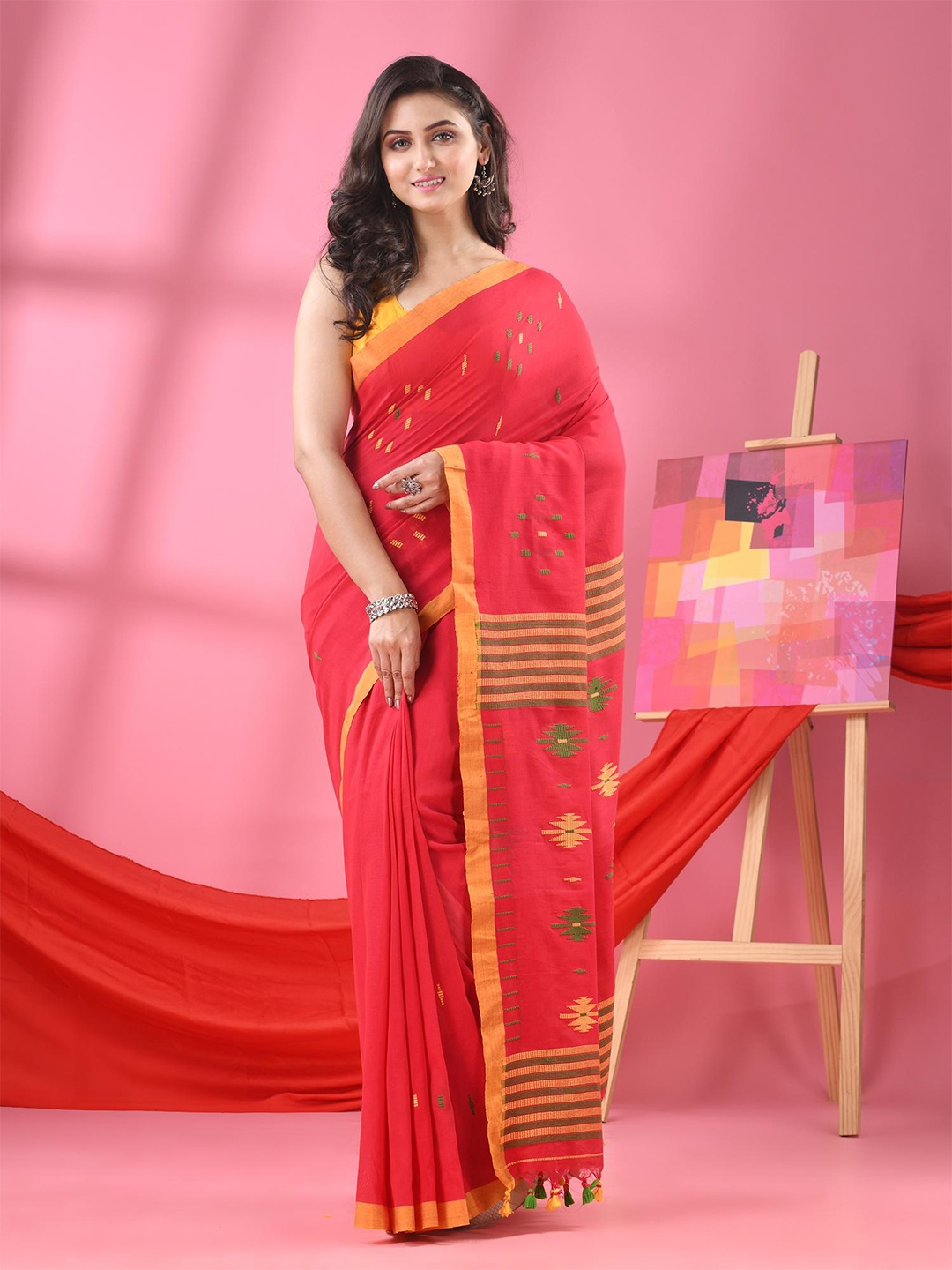 

Angoshobha Geometric Woven Design Pure Cotton Saree, Red