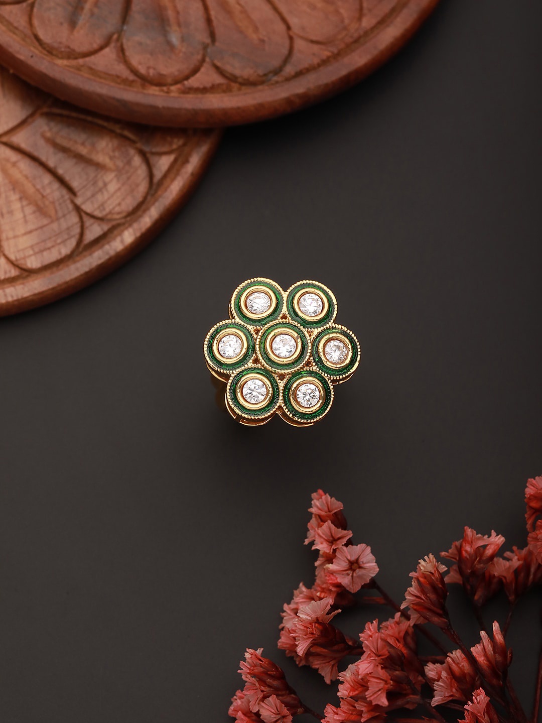 

Aadvik Designs Gold Plated Adjustable Kundan-Studded Floral Finger Ring