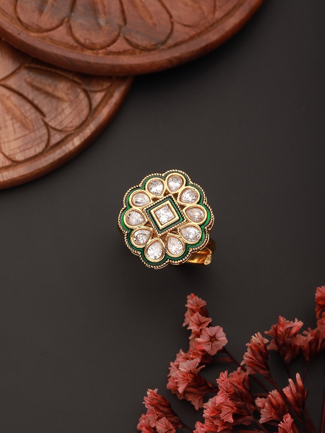 

Aadvik Designs Gold Plated Kundan Studded Adjustable Finger Ring