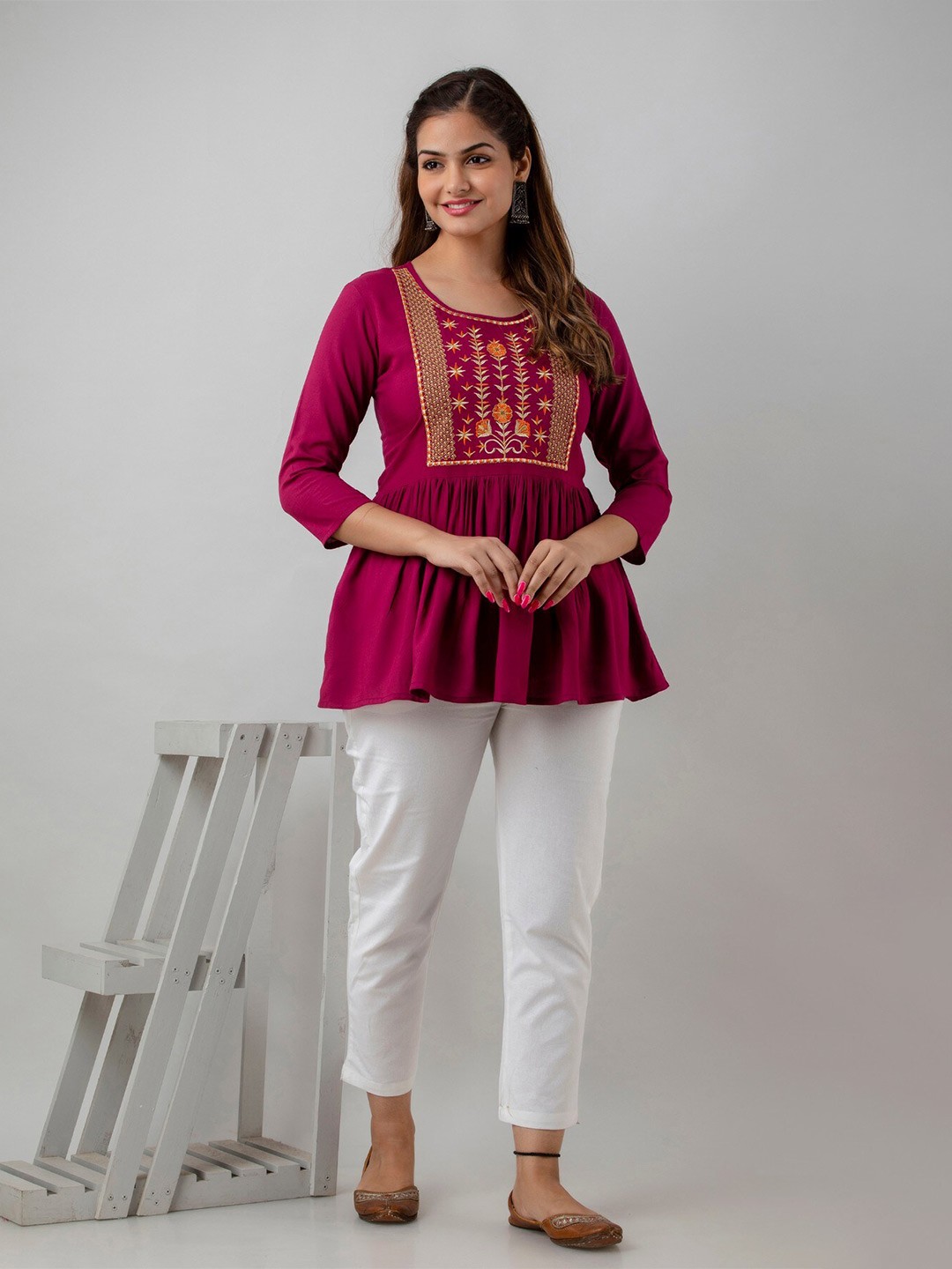 

BAIRAJ Floral Print Round Neck Three-Quarter Sleeves Opaque A-Line Casual Top, Purple