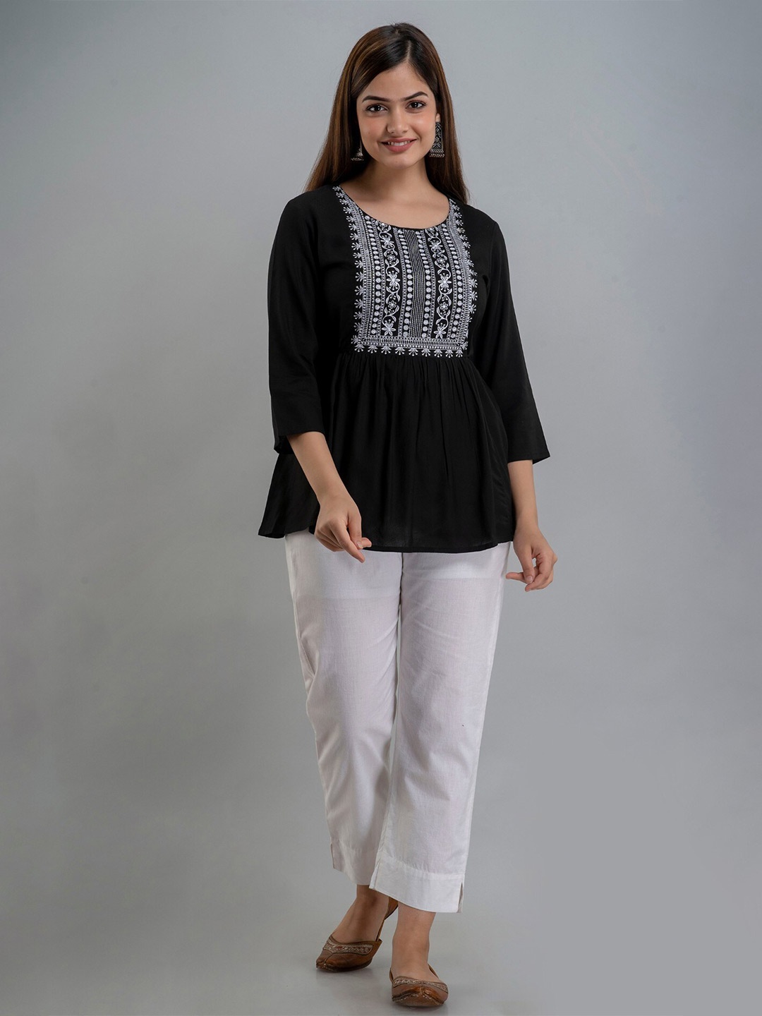 

BAIRAJ Embroidered Round Neck Regular Sleeves Empire Top, Black
