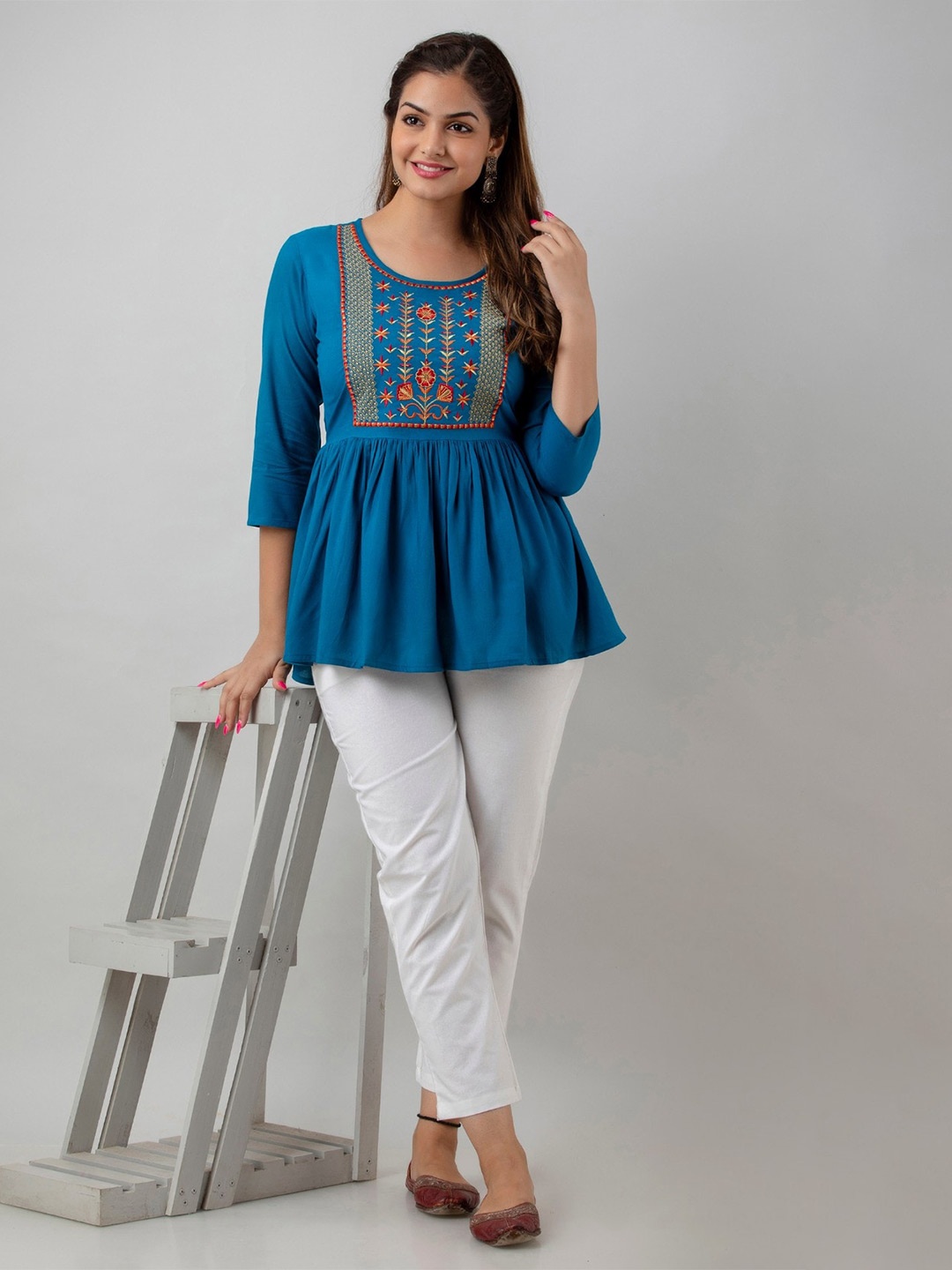 

BAIRAJ Geometric Embellished Round Neck Three-Quarter Sleeves Opaque A-Line Casual Top, Blue