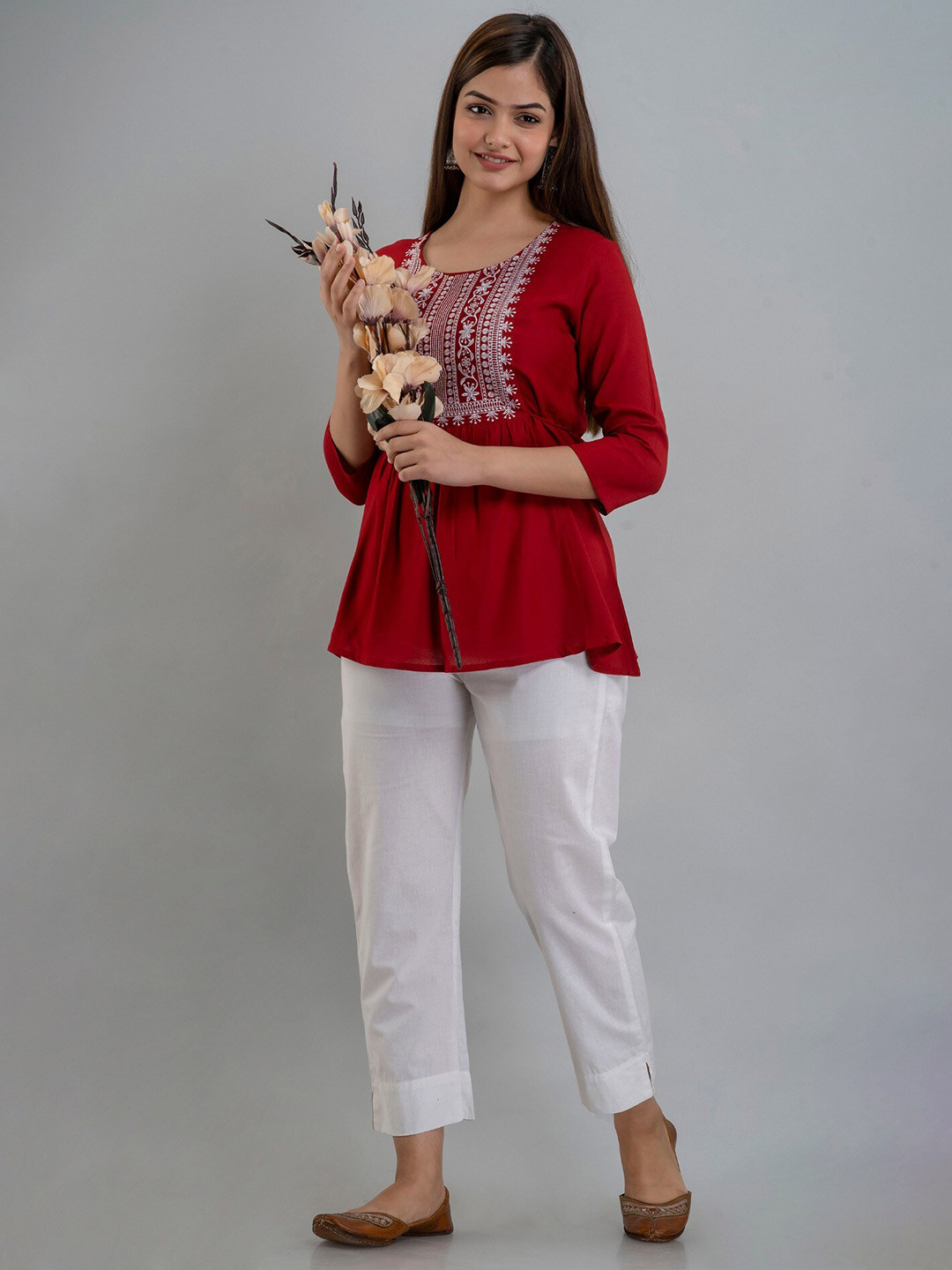

BAIRAJ Embroidered Round Neck Regular Sleeves Empire Top, Maroon