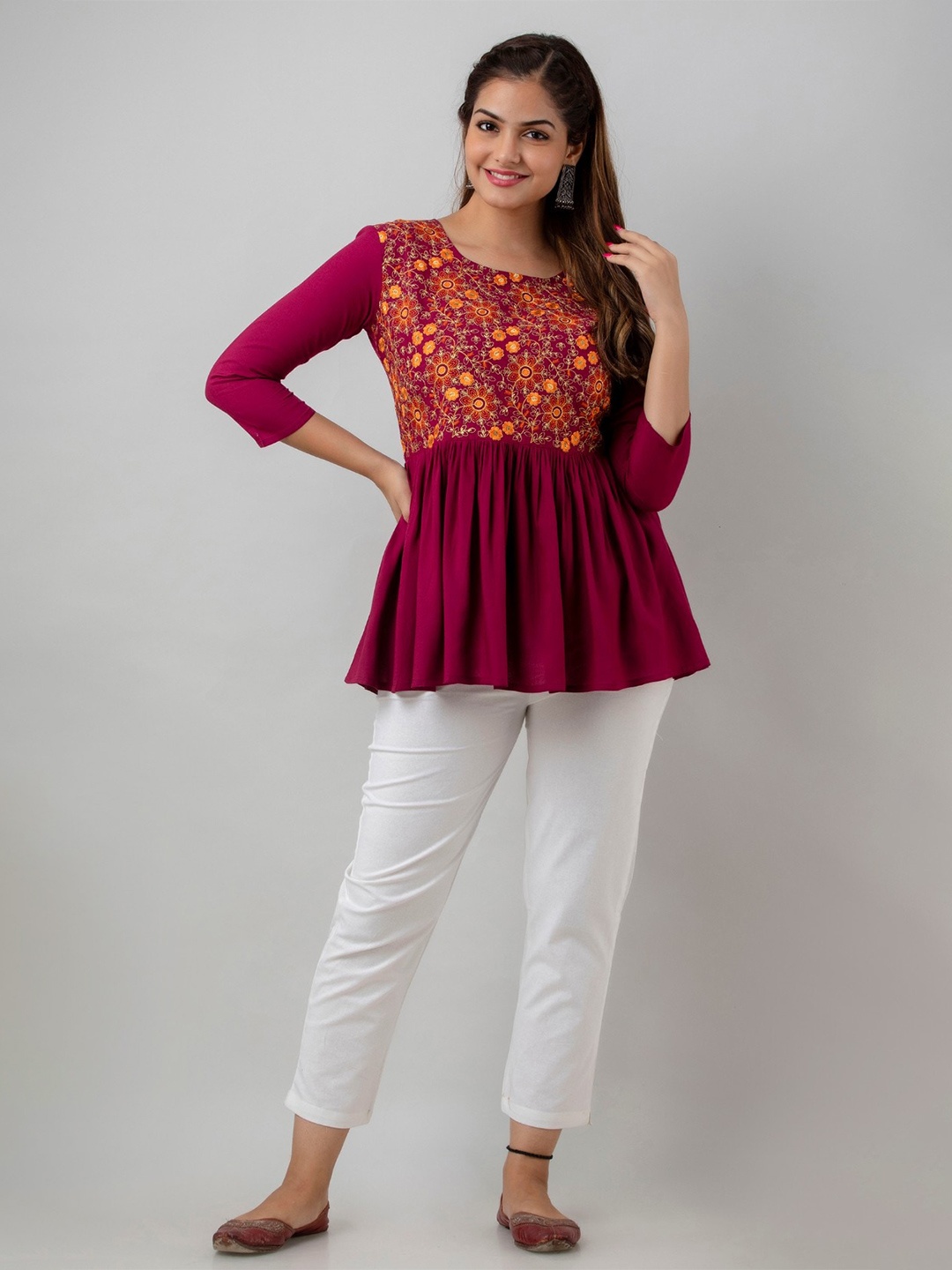 

BAIRAJ Geometric Self design Round Neck Three-Quarter Sleeves Opaque A-Line Casual Top, Maroon