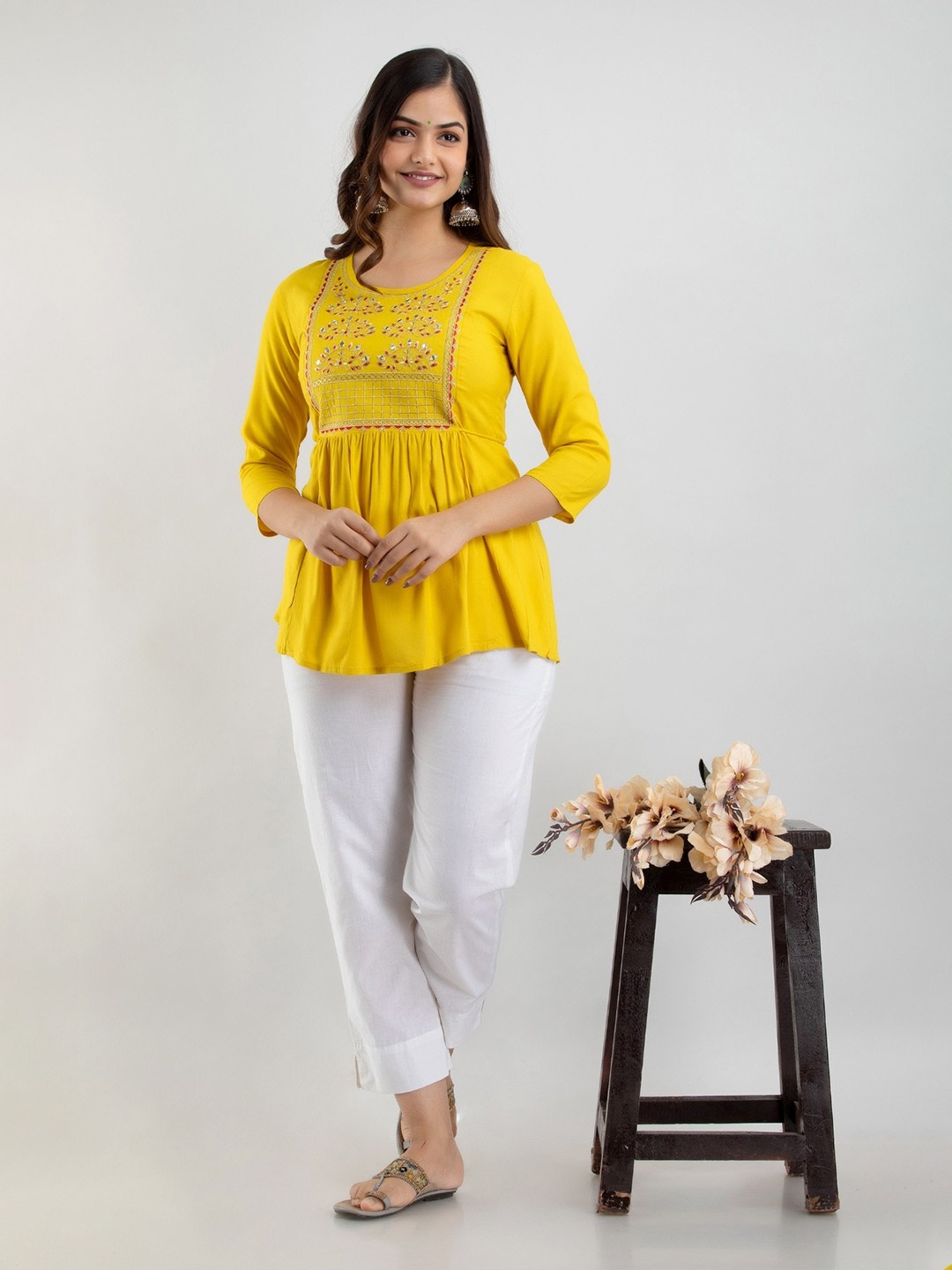 

BAIRAJ Embroidered Round Neck Regular Sleeves Empire Top, Mustard