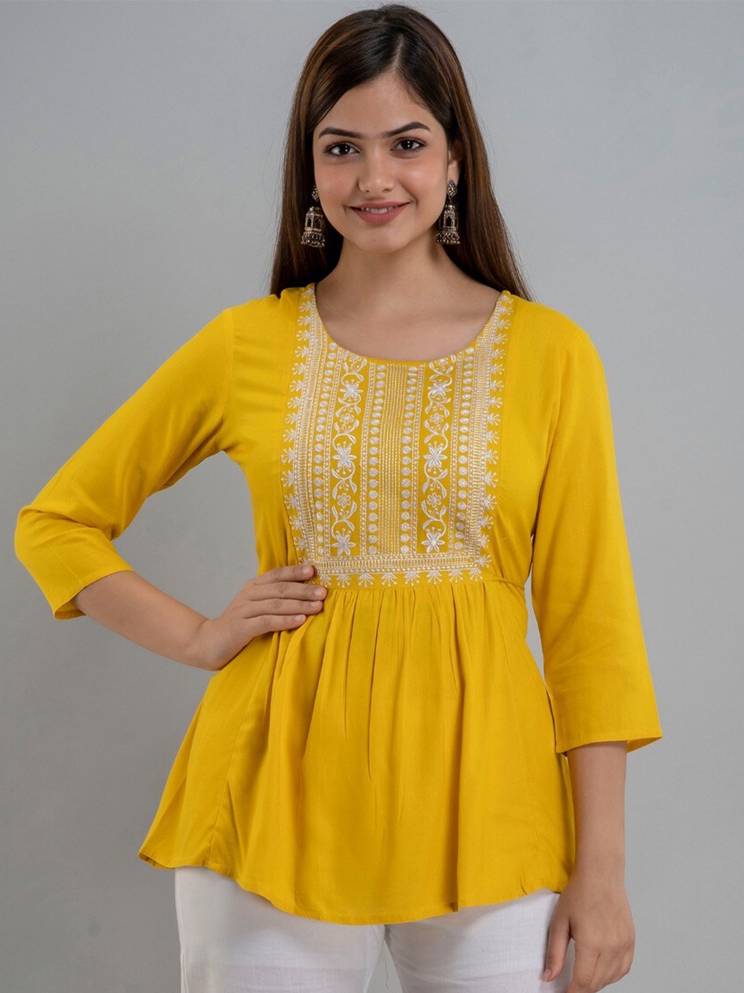 

BAIRAJ Embroidered Round Neck Regular Sleeves Empire Top, Yellow