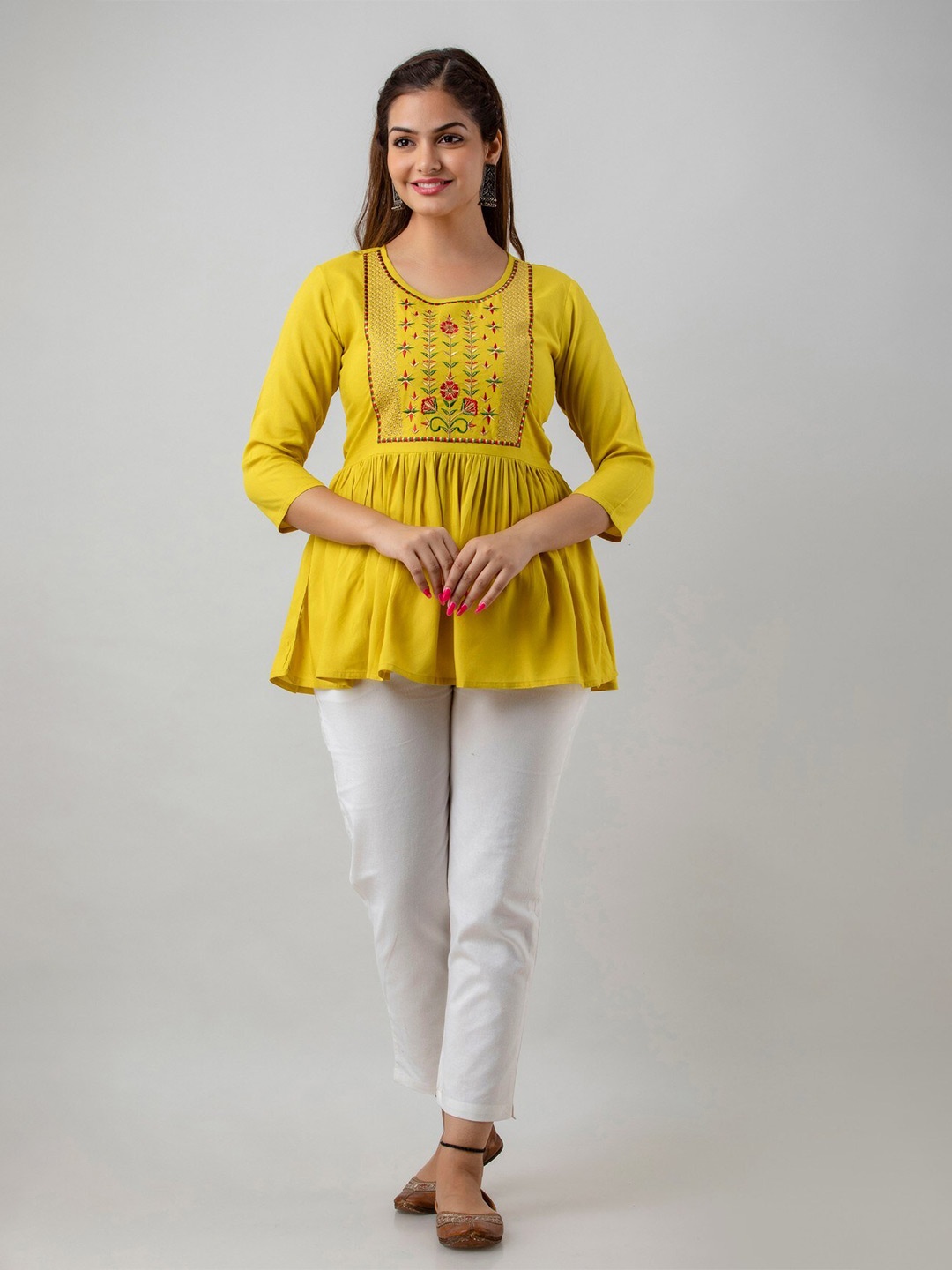 

BAIRAJ Embroidered Round Neck Regular Sleeves Empire Top, Mustard