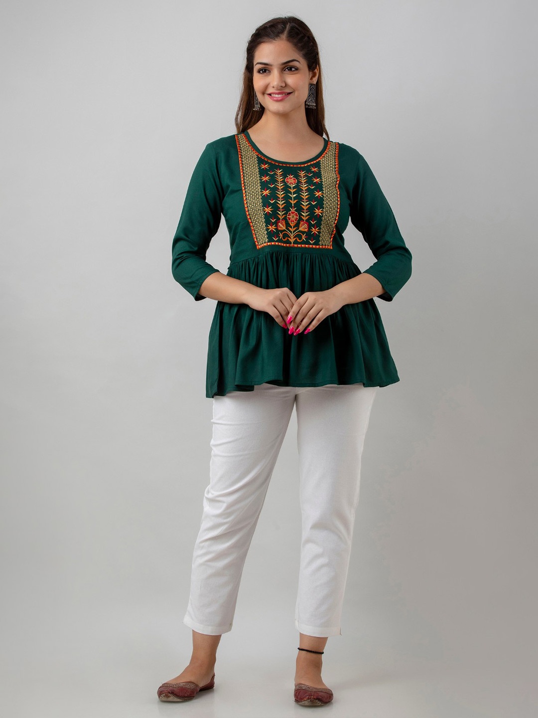 

BAIRAJ Ethnic Motifs Embellished Round Neck Opaque A-Line Casual Top, Green