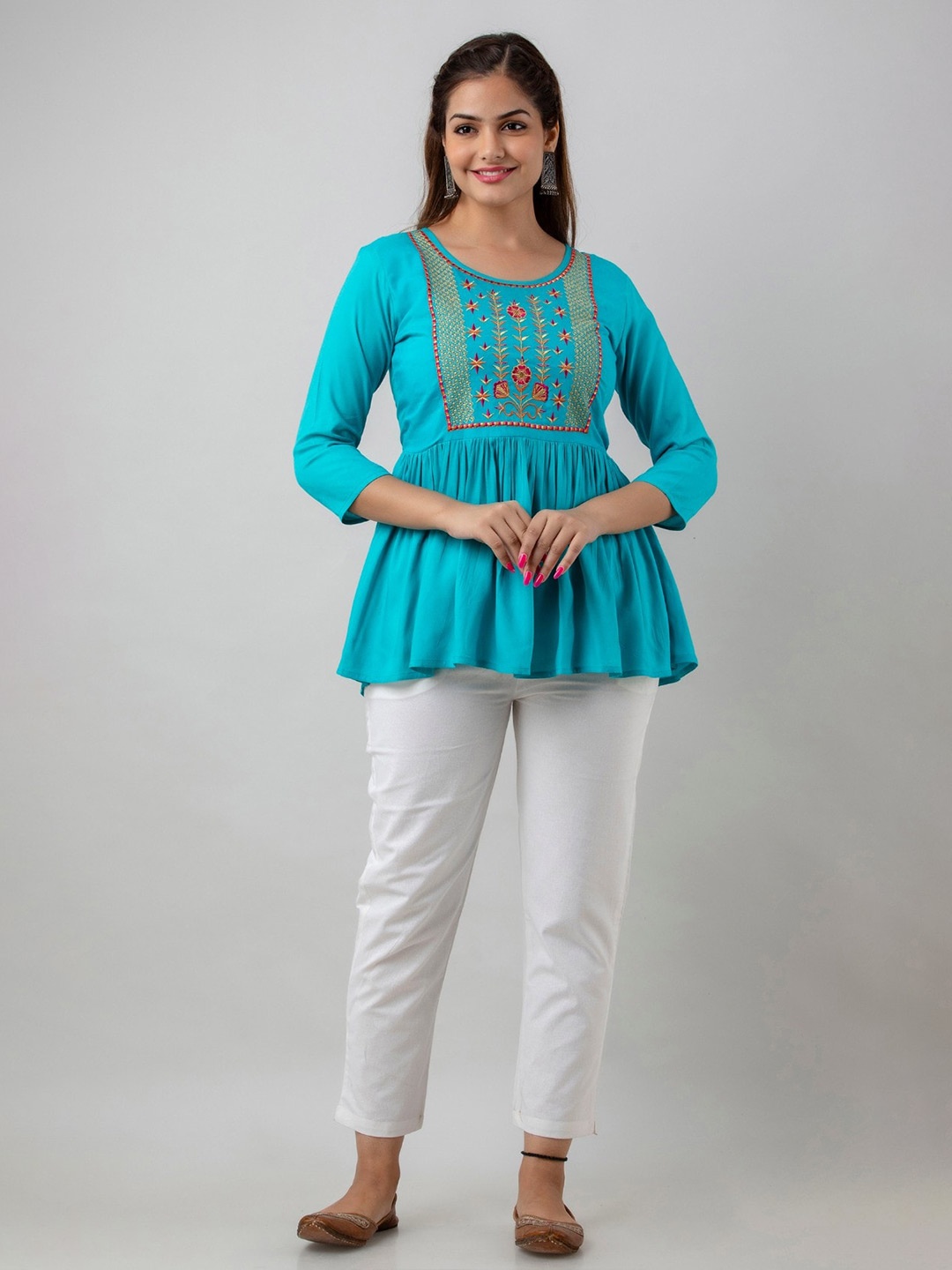 

BAIRAJ Embroidered Round Neck Regular Sleeves Empire Top, Turquoise blue