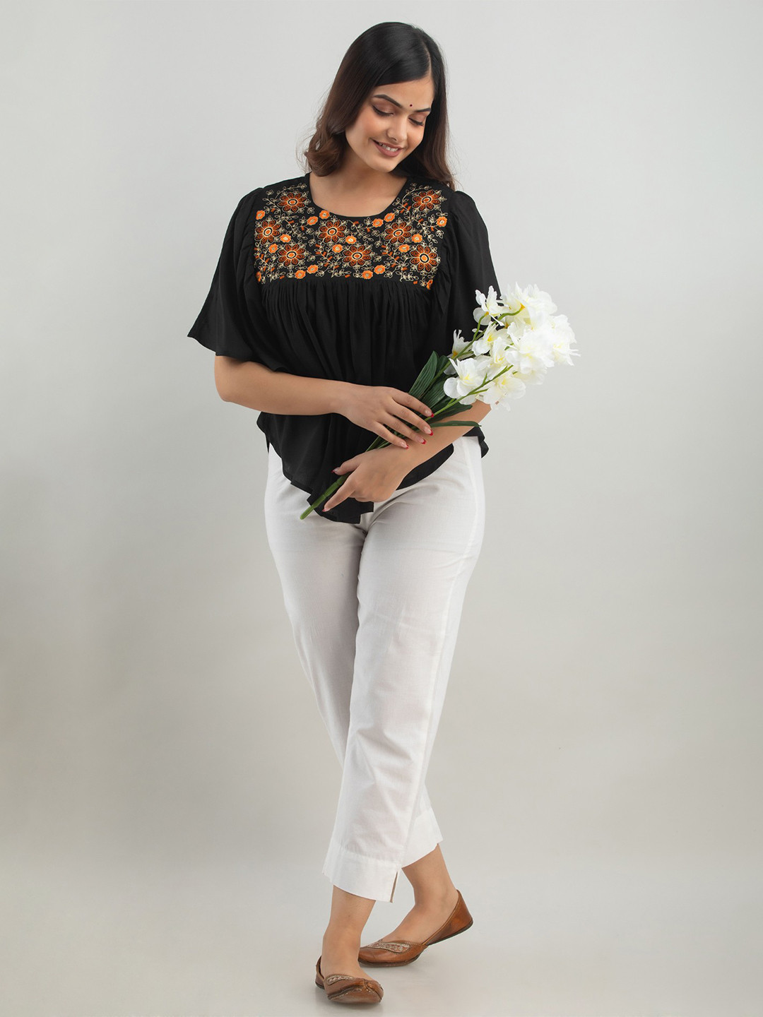 

BAIRAJ Embroidered Print Round Neck Flared Sleeve Top, Black