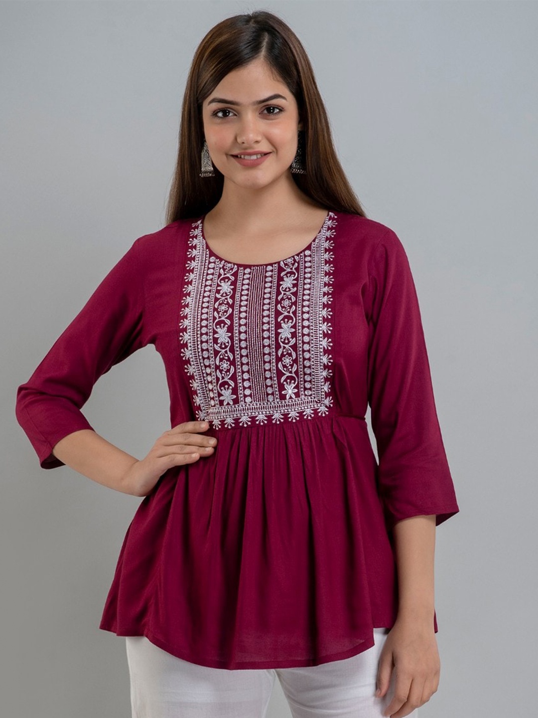 

BAIRAJ Embroidered Round Neck Regular Sleeves Empire Top, Purple