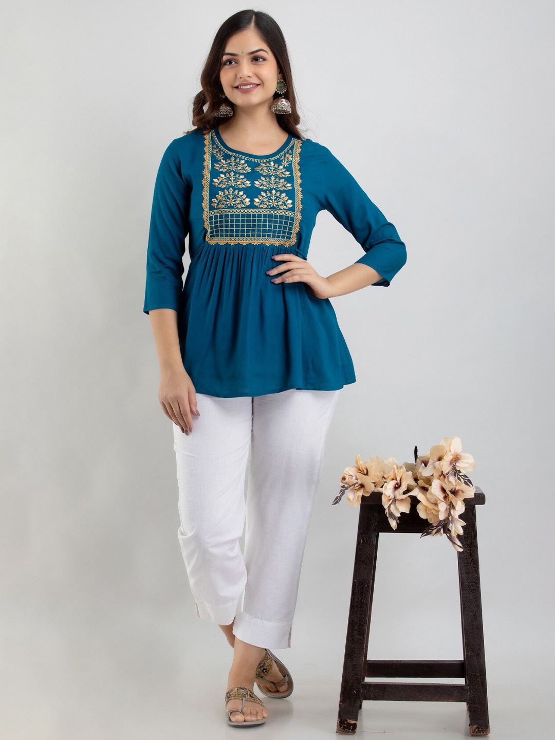 

BAIRAJ Embroidered Round Neck Regular Sleeves Empire Top, Blue