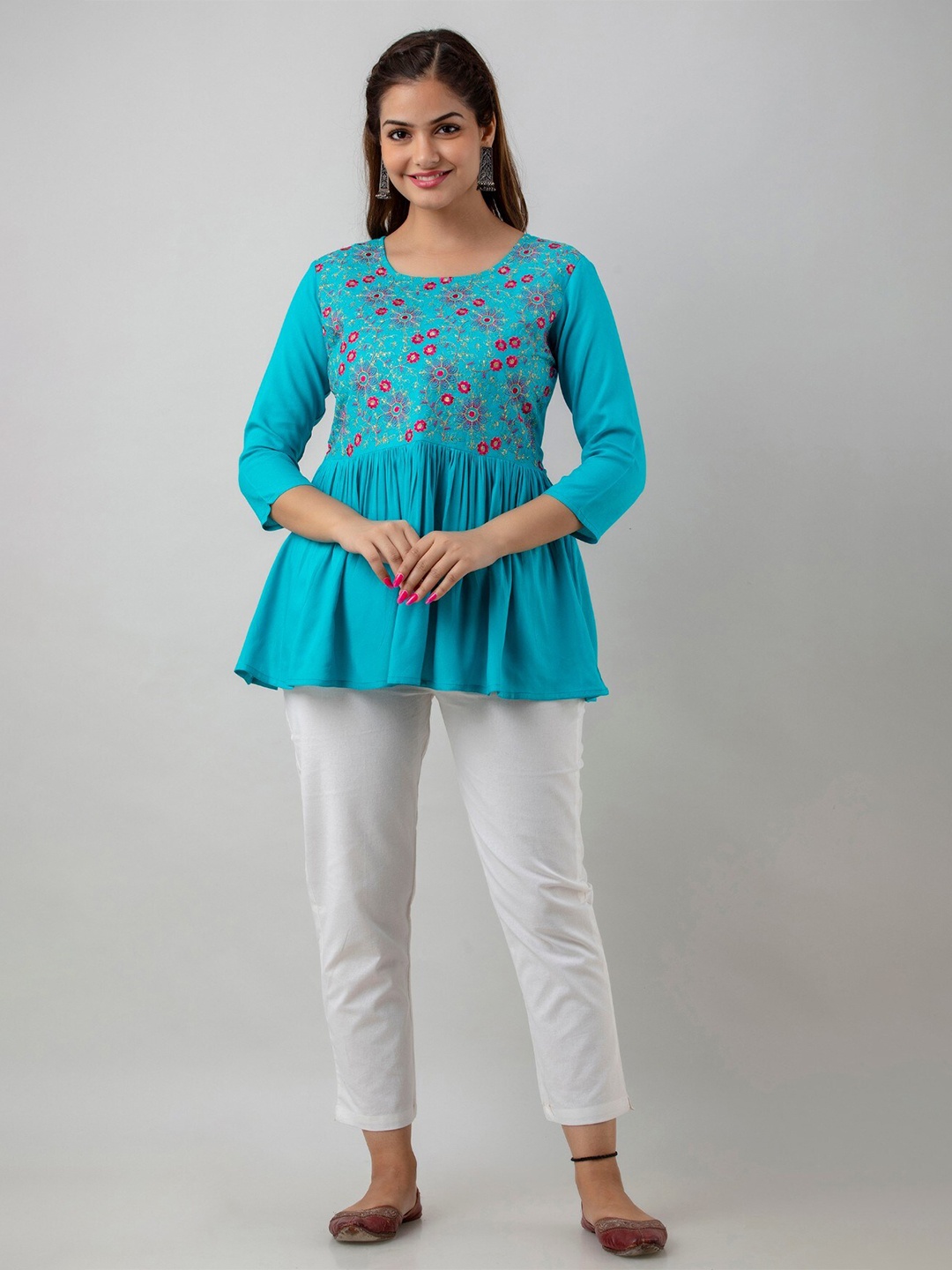 

BAIRAJ Geometric Print Round Neck Three-Quarter Sleeves Opaque A-Line Casual Top, Turquoise blue