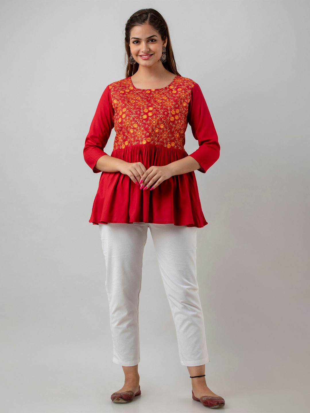 

BAIRAJ Round Neck Printed Peplum Top, Maroon