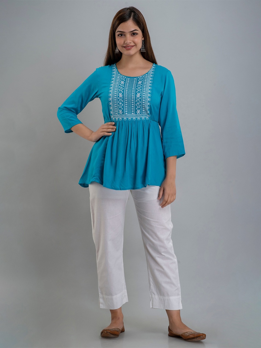 

BAIRAJ Embroidered Round Neck Regular Sleeves Empire Top, Turquoise blue