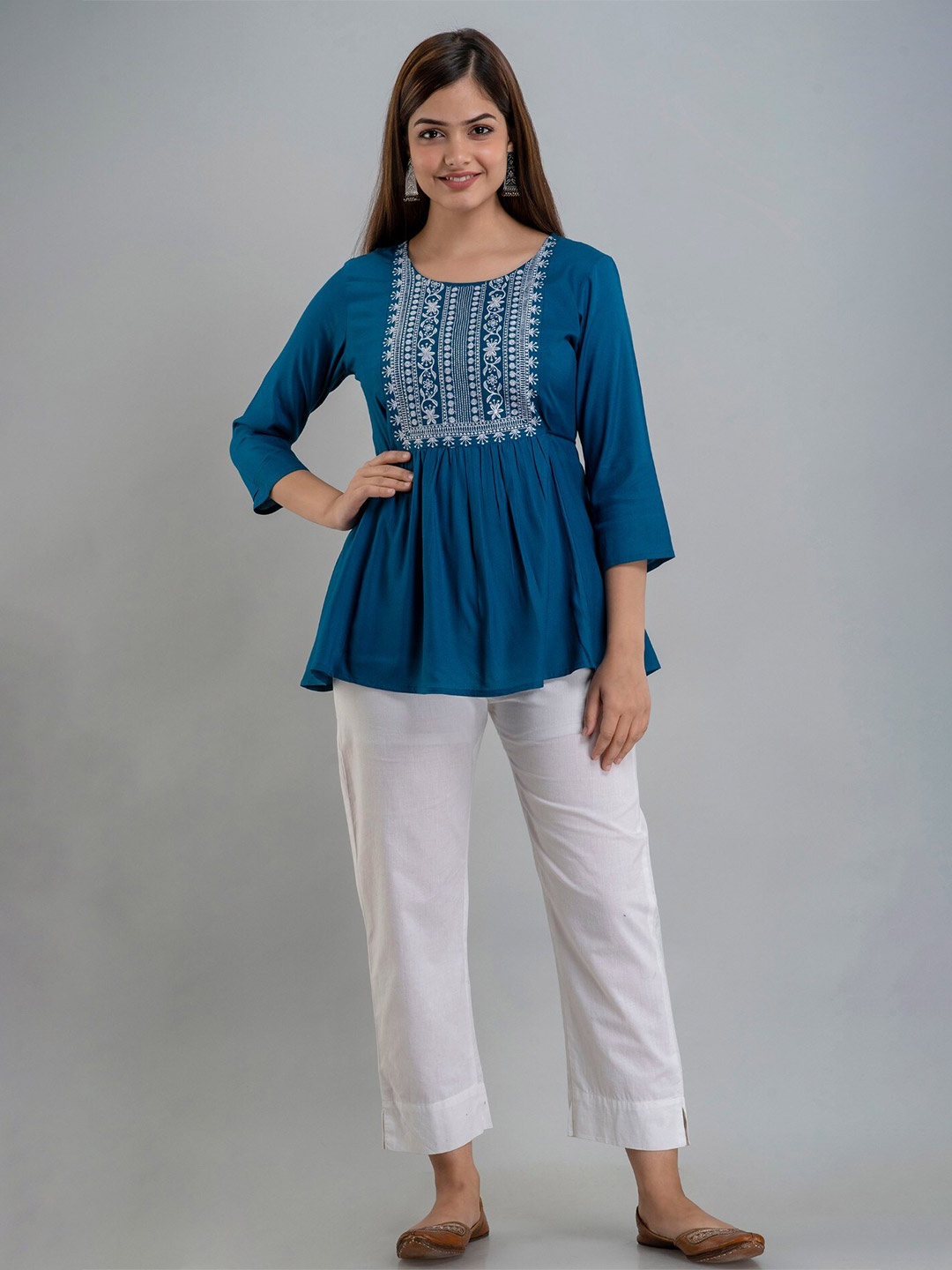 

BAIRAJ Embroidered Round Neck Regular Sleeves Empire Top, Blue