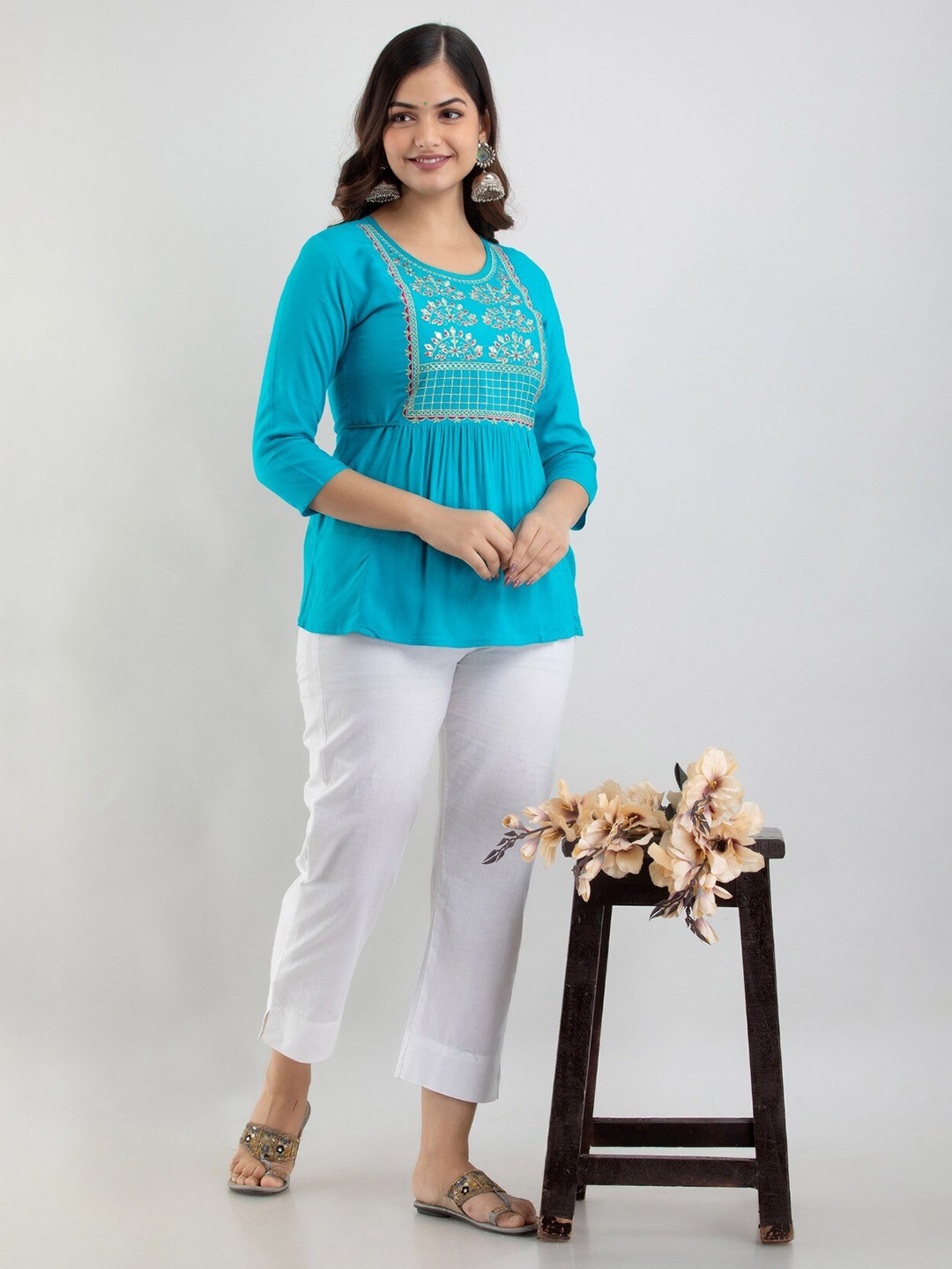 

BAIRAJ Round Neck Printed Top, Turquoise blue
