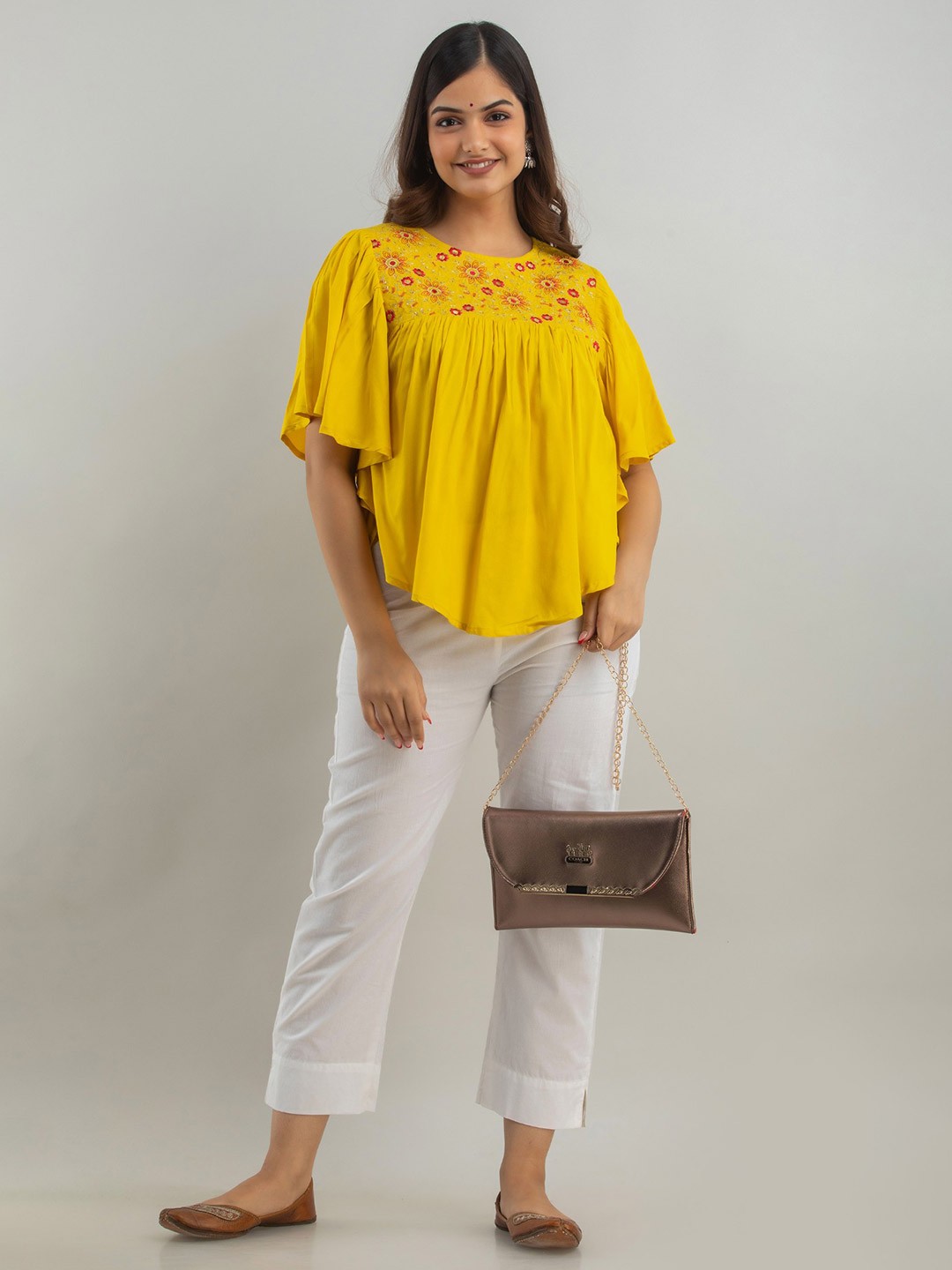 

BAIRAJ Round Neck Flared Sleeve Top, Mustard