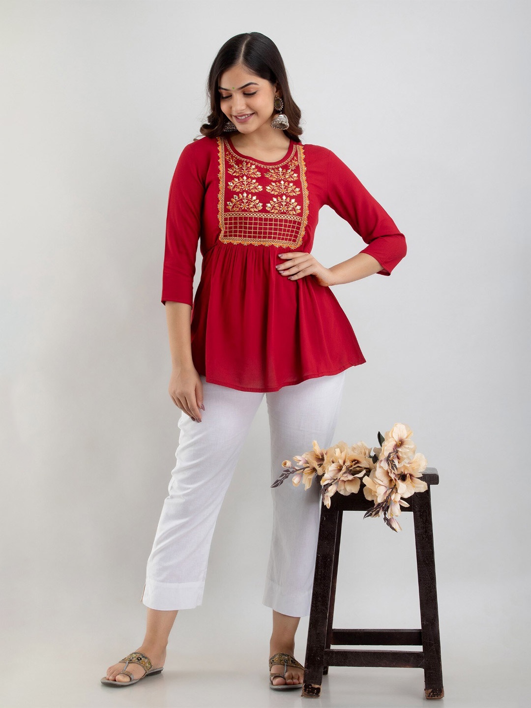 

BAIRAJ Ethnic Motifs Print Round Neck Three-Quarter Sleeves Opaque A-Line Casual Top, Maroon