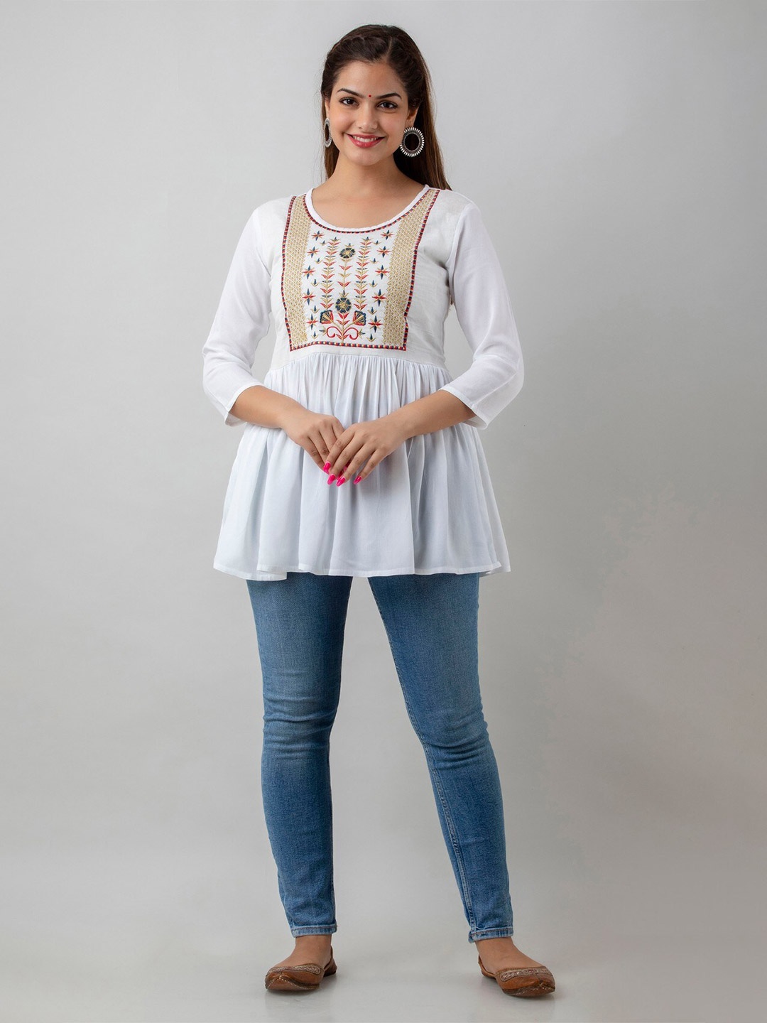 

BAIRAJ Embroidered Round Neck Regular Sleeves Empire Top, White