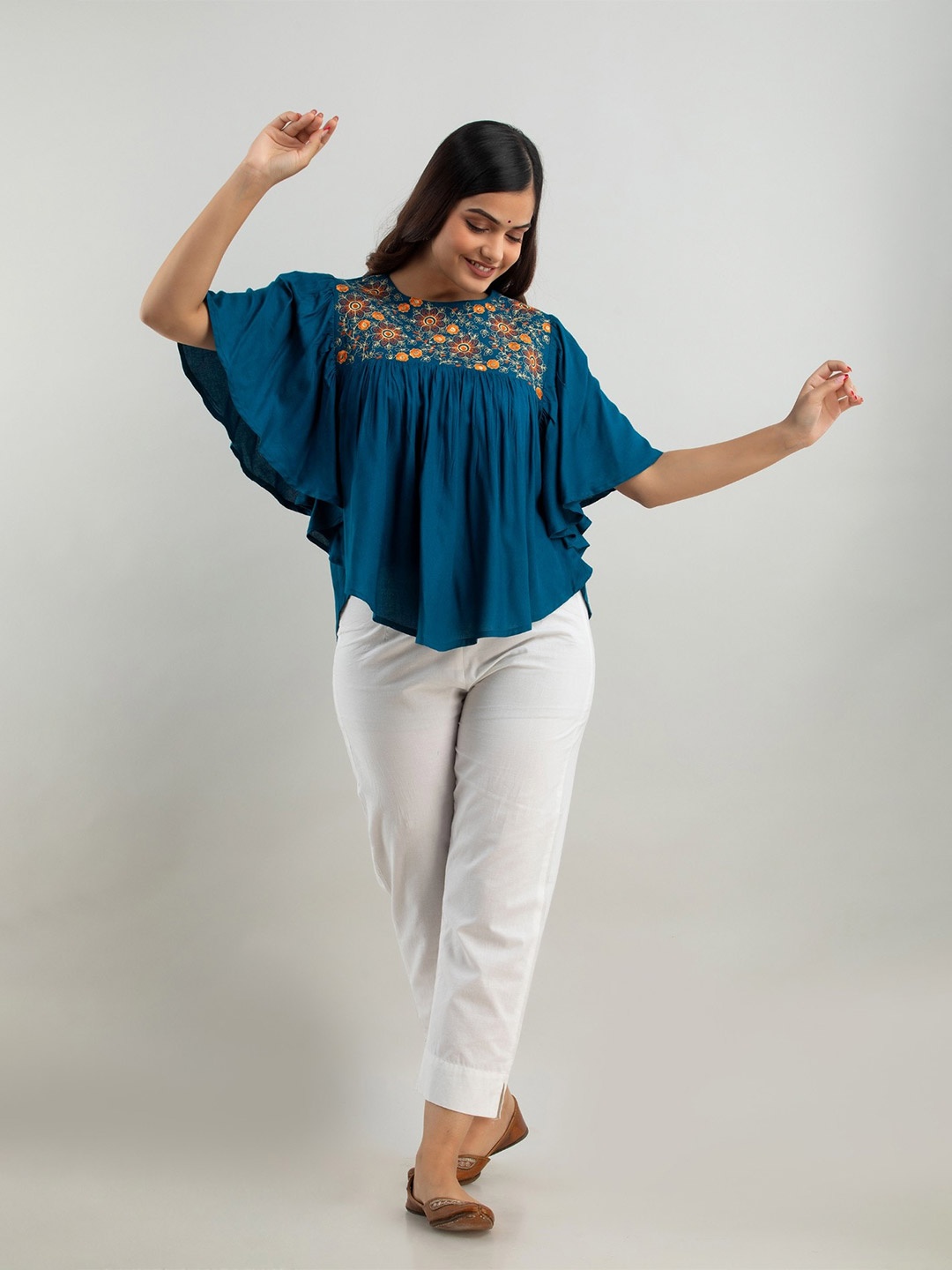 

BAIRAJ Geometric Embroidered Round Neck Flutter Sleeve Opaque Casual Top, Blue