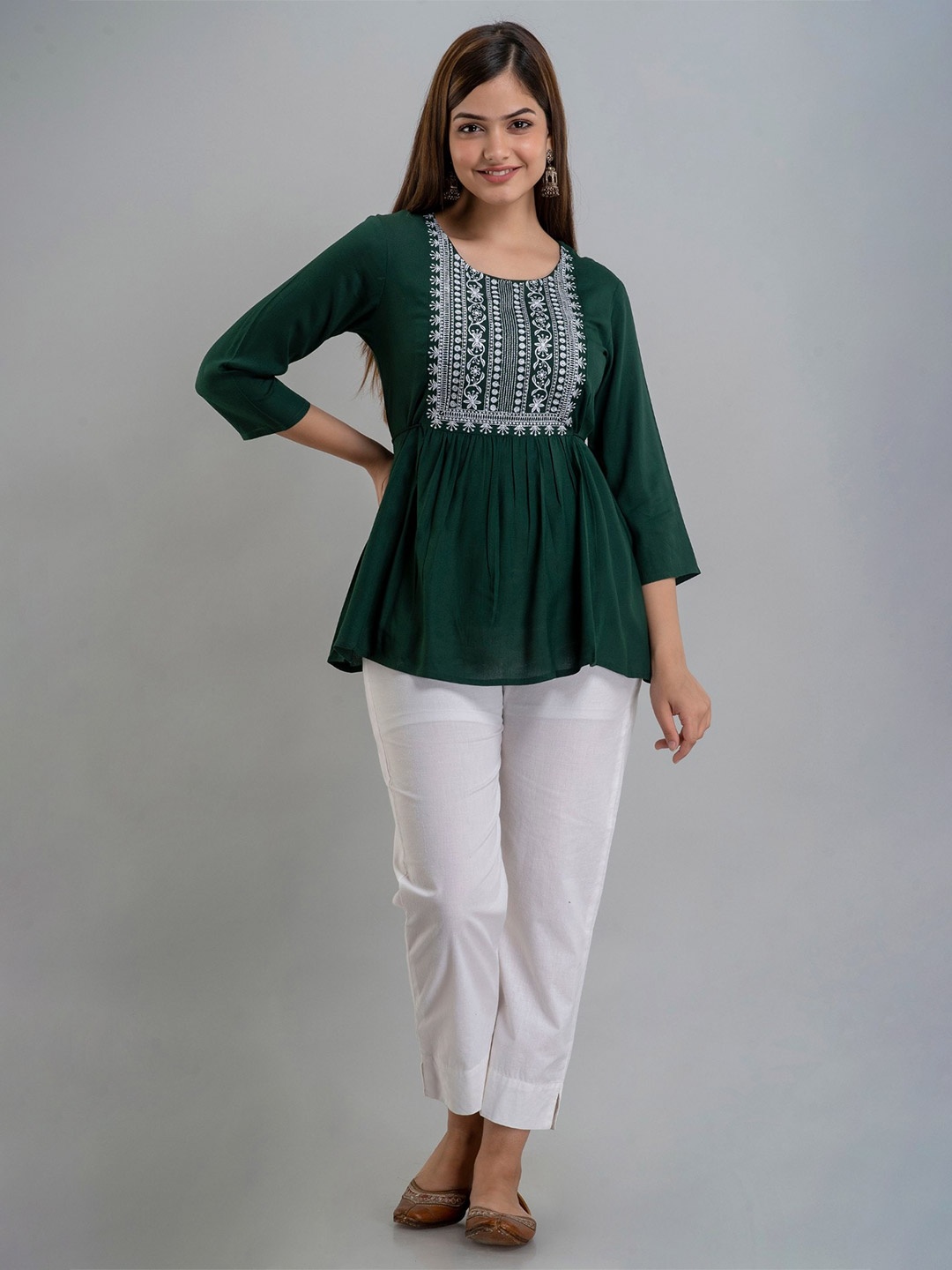 

BAIRAJ Embroidered Round Neck Regular Sleeves Empire Top, Green