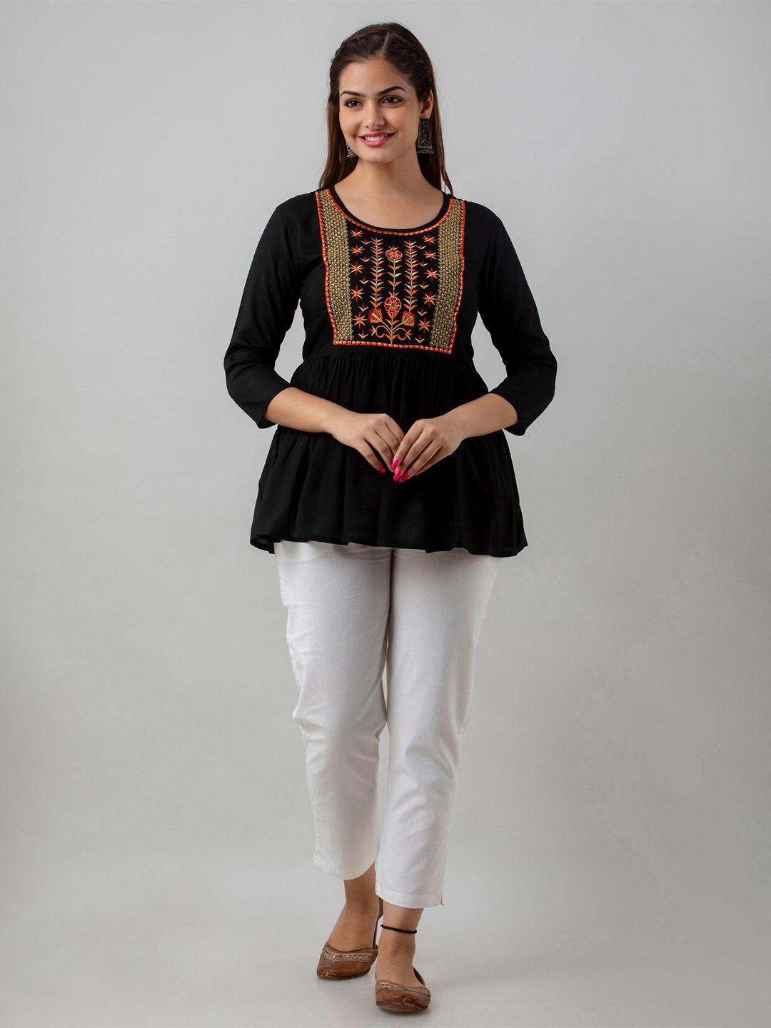 

BAIRAJ Floral Embellished Round Neck Three-Quarter Sleeves Peplum Casual Top, Black