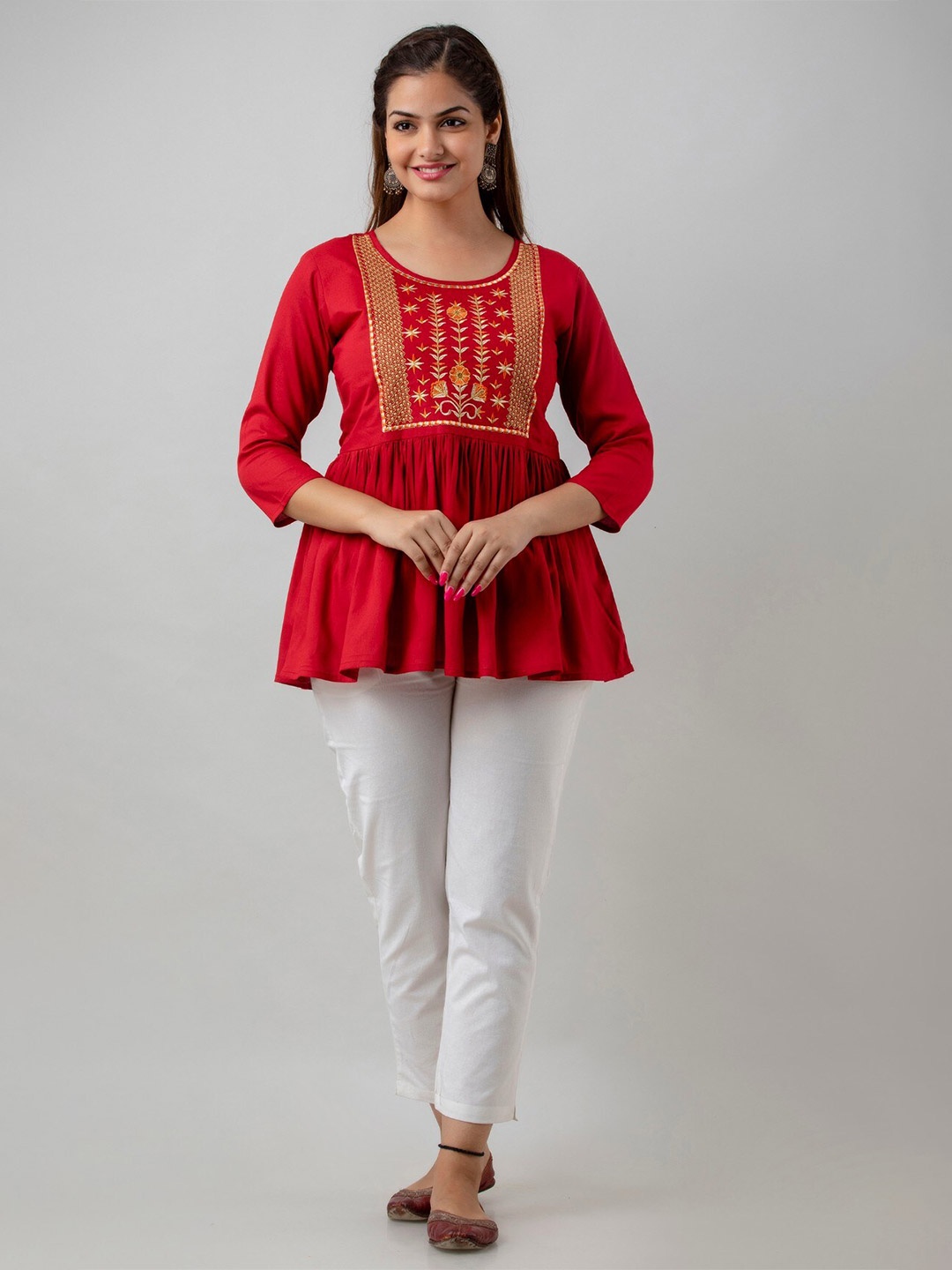 

BAIRAJ Embroidered Round Neck Regular Sleeves Peplum Top, Maroon