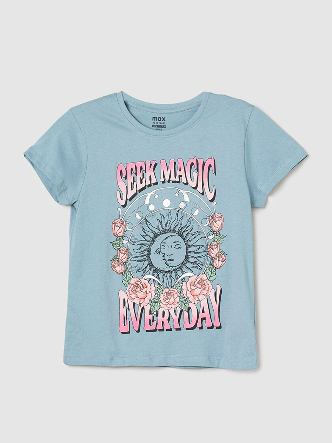 

max Girls Typography Printed Cotton T-shirt, Grey