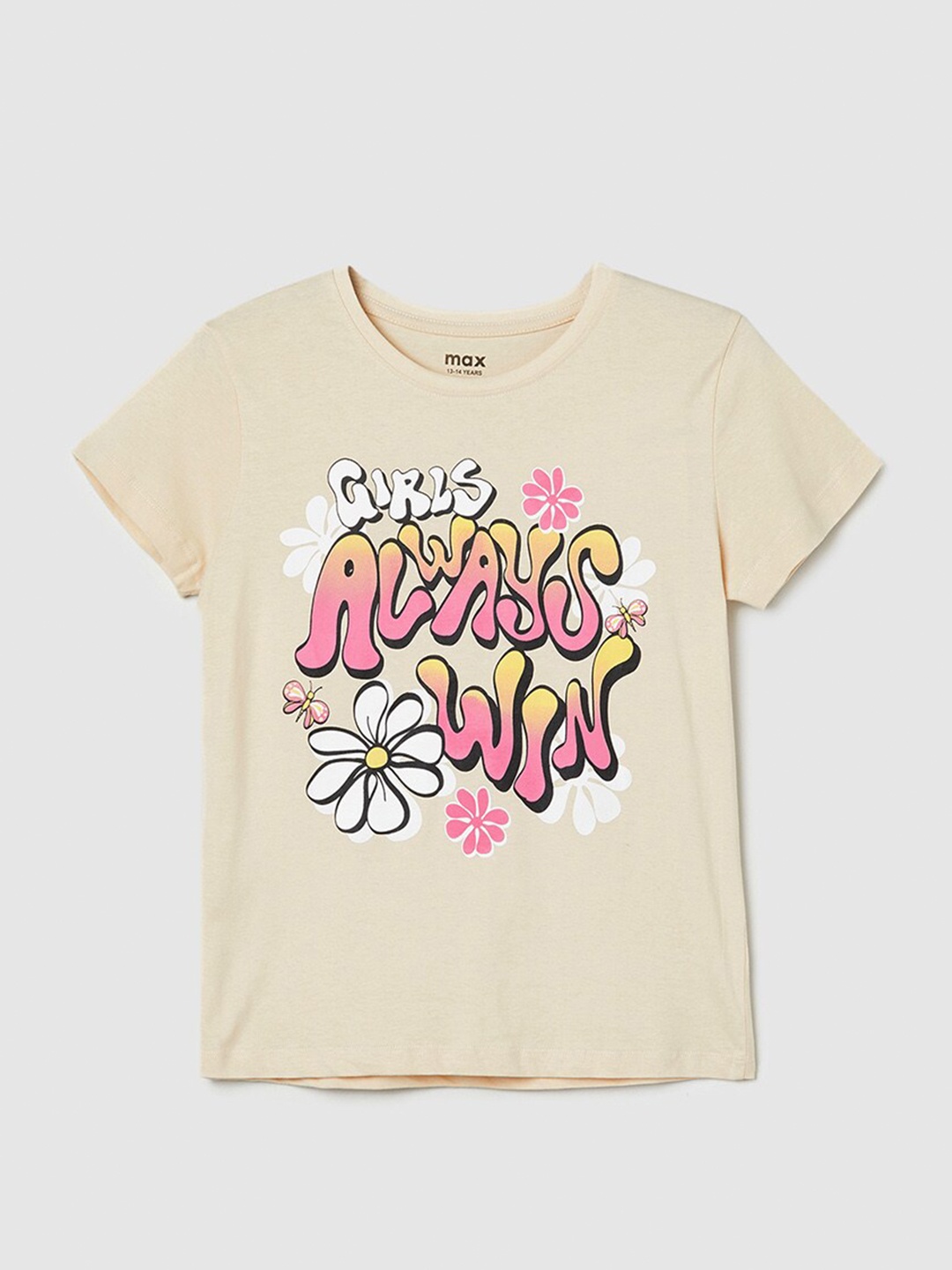 

max Girls Typography Printed Round Neck Cotton T-shirt, Beige