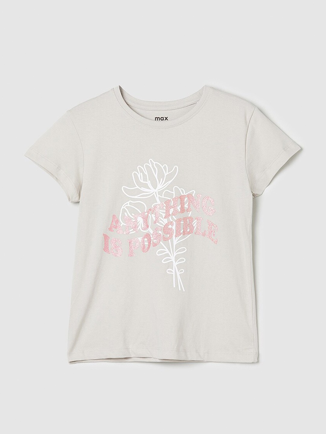

max Girls Typography Printed Cotton Cap Sleeves T-shirt, Grey