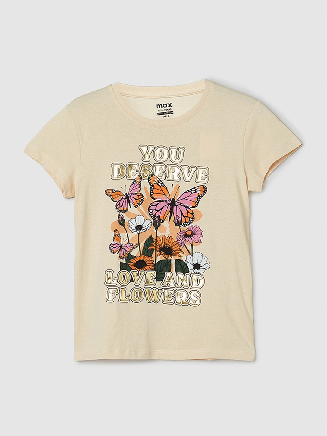 

max Girls Typography Printed Cotton Applique T-shirt, Beige