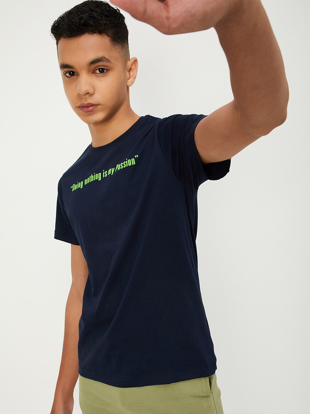 

max Boys Typography Printed Round Neck Cotton T-shirt, Navy blue