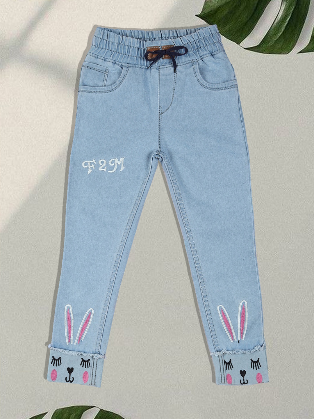

F2M Boys Embroidered Slim Fit High-Rise Joggers Trousers, Turquoise blue