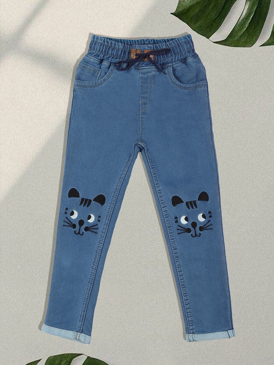 

F2M Boys Embroidered Slim Fit High-Rise Denim Regular Trousers, Blue