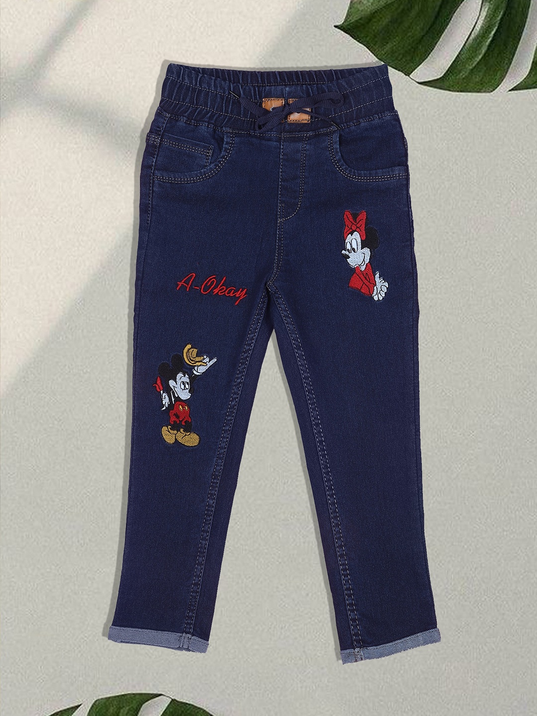 

F2M Boys Embroidered Slim Fit High-Rise Denim Regular Trousers, Navy blue