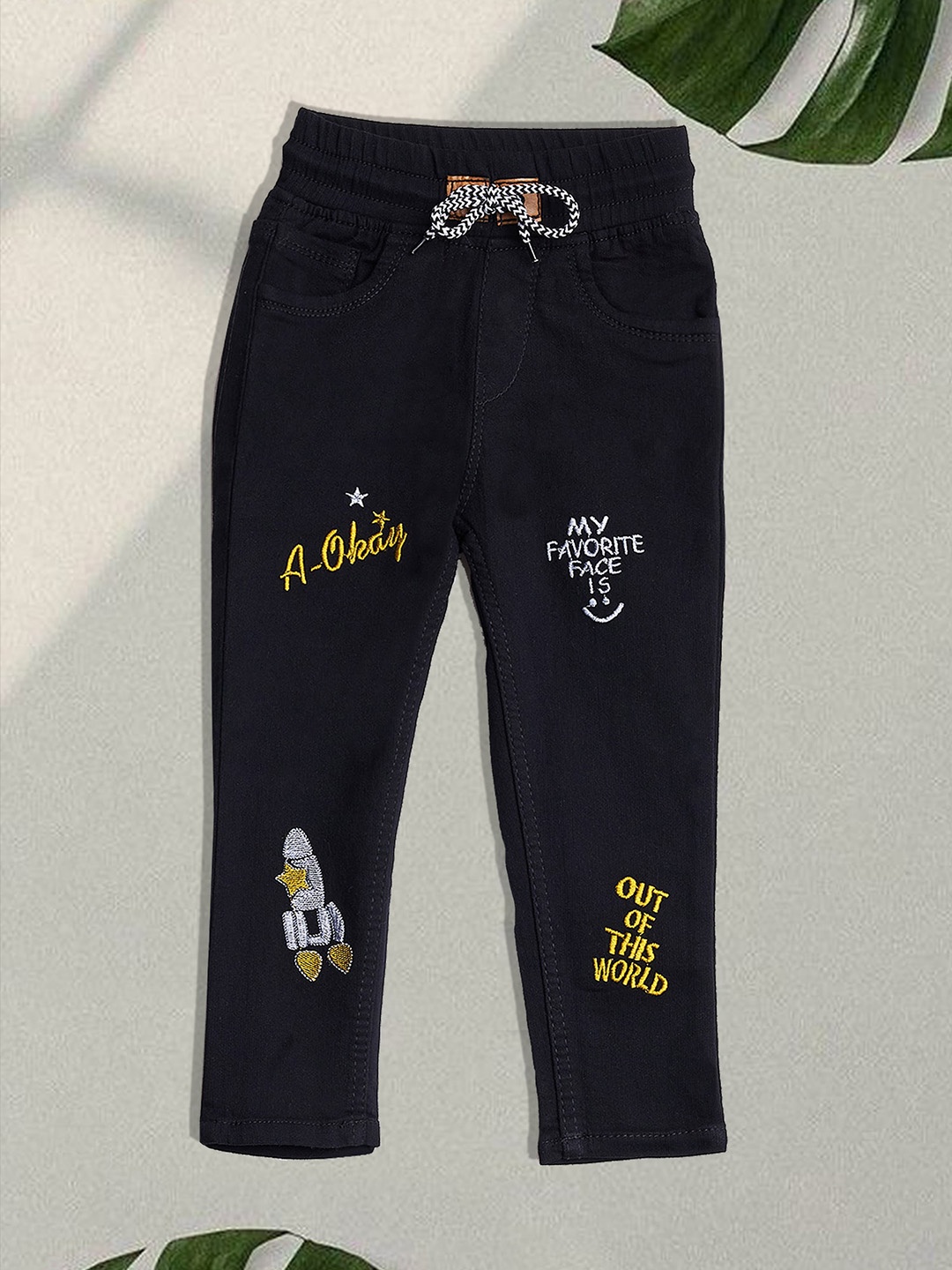 

F2M Boys Embroidered Slim Fit High-Rise Trousers, Black