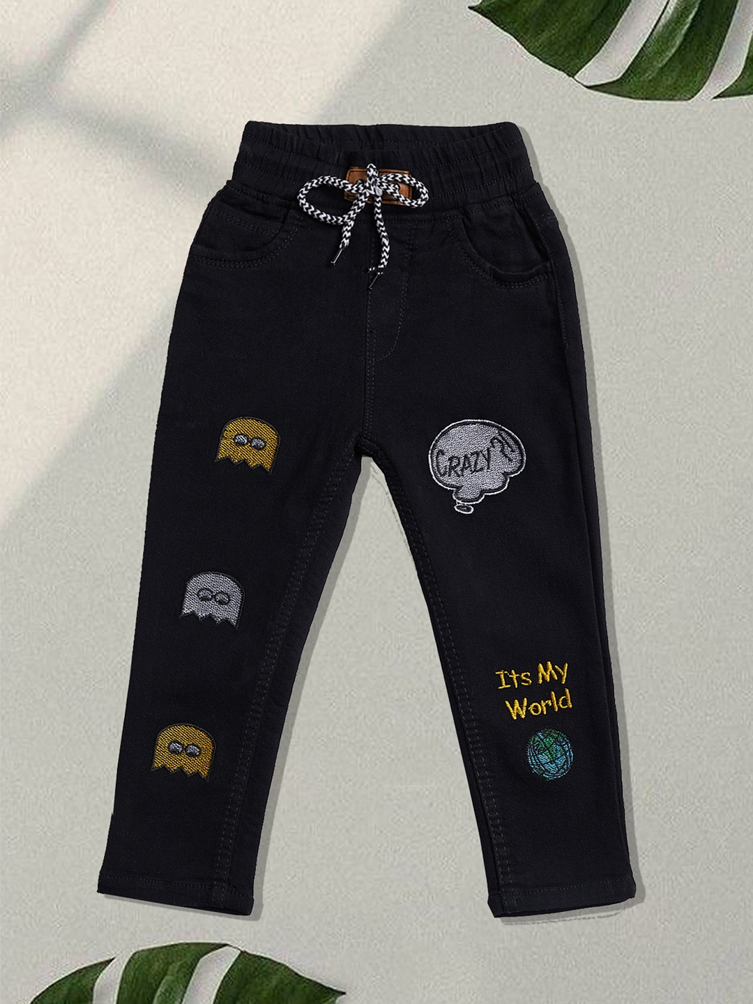 

F2M Boys Slim Fit Printed High-Rise Denim Jogger, Black