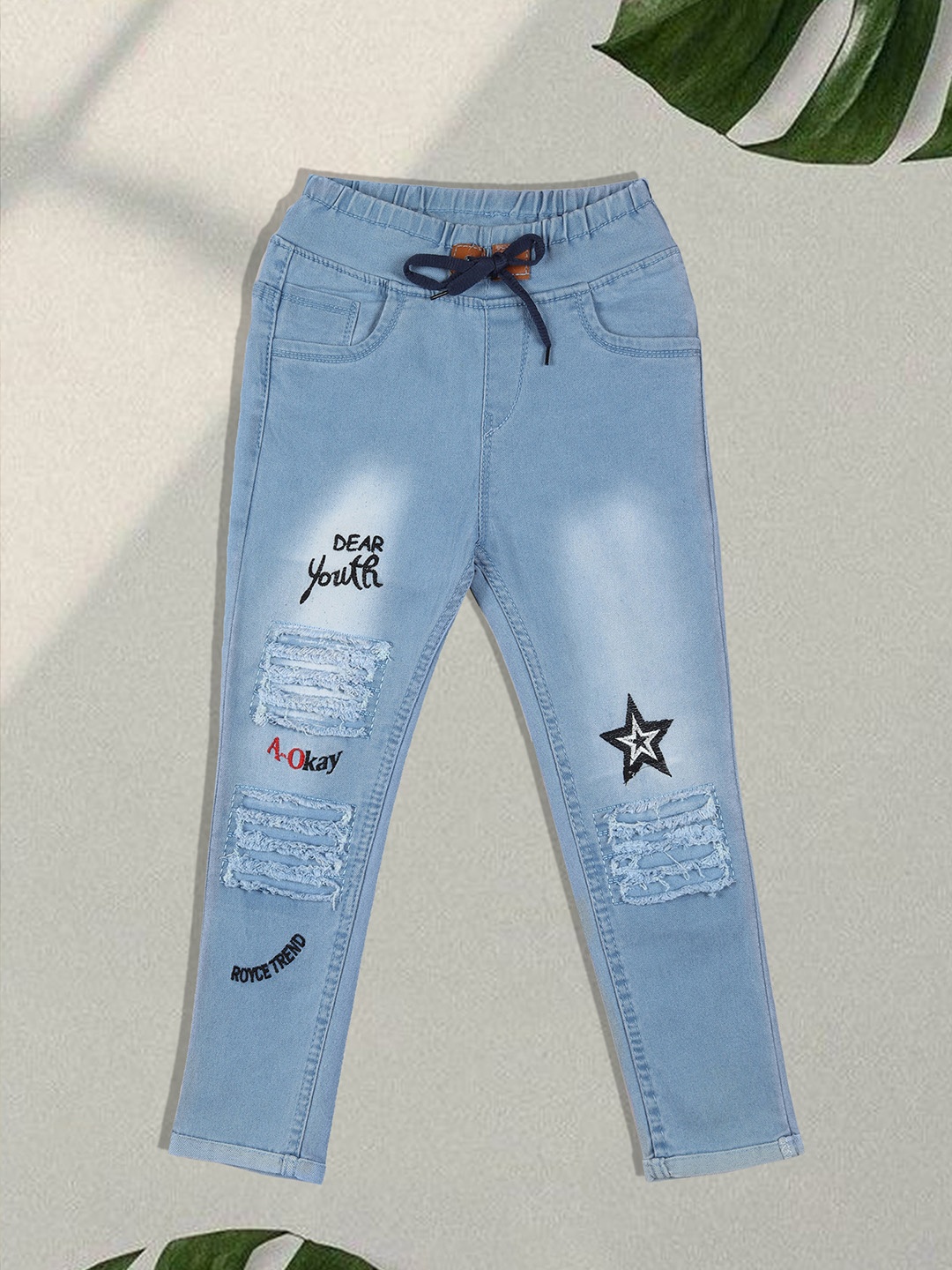 

F2M Boys Embroidered Slim Fit High-Rise Trousers, Turquoise blue