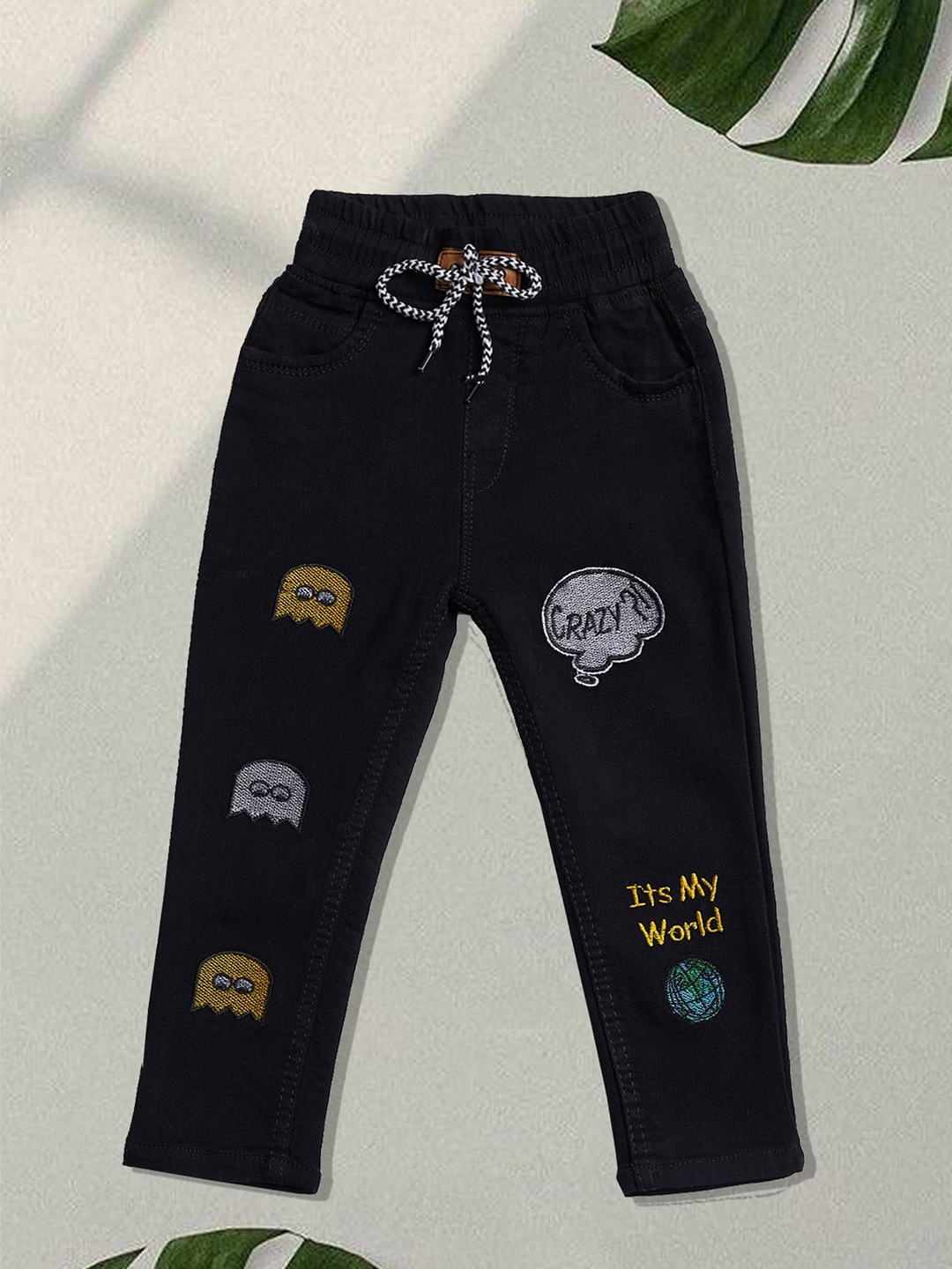 

F2M Girls Printed Slim Fit High-Rise Trousers, Black