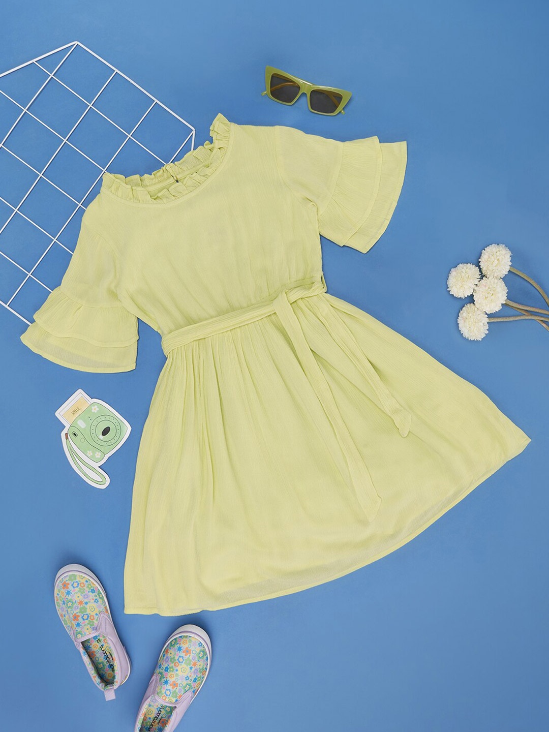 

YU by Pantaloons Girls Flared Sleeve Ruffles Cotton Fit & Flare Dress, Lime green