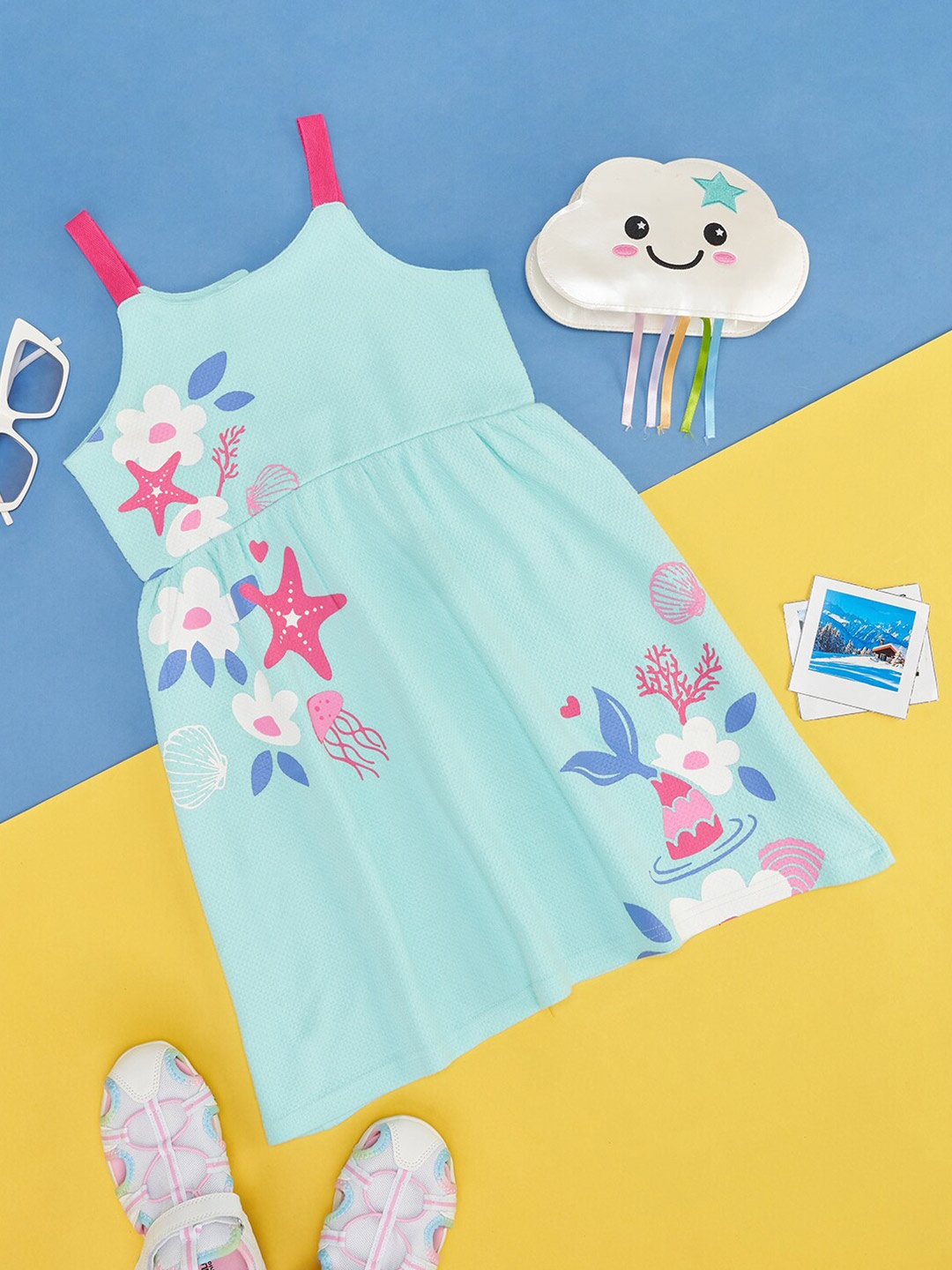 

YU by Pantaloons Girls Floral Printed Shoulder Straps Gathered Cotton A-Line Dress, Blue