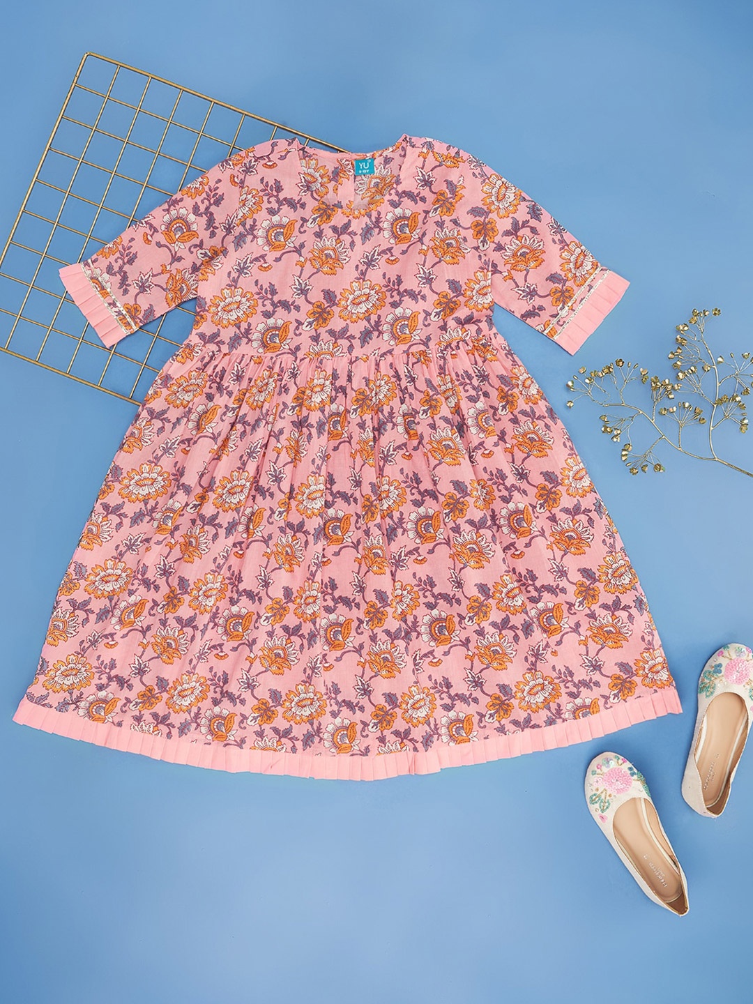 

YU by Pantaloons Girls Floral Printed Gathered Cotton A-Line Dress, Pink