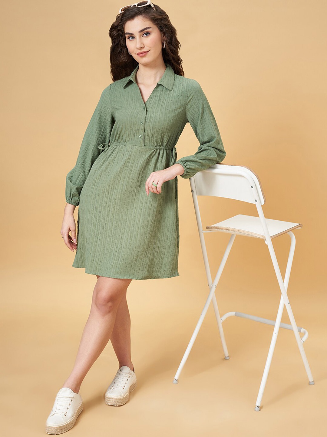 

YU by Pantaloons Self Design Shirt Collar Cuffed Sleeves Tie-Ups A-Line Dress, Olive
