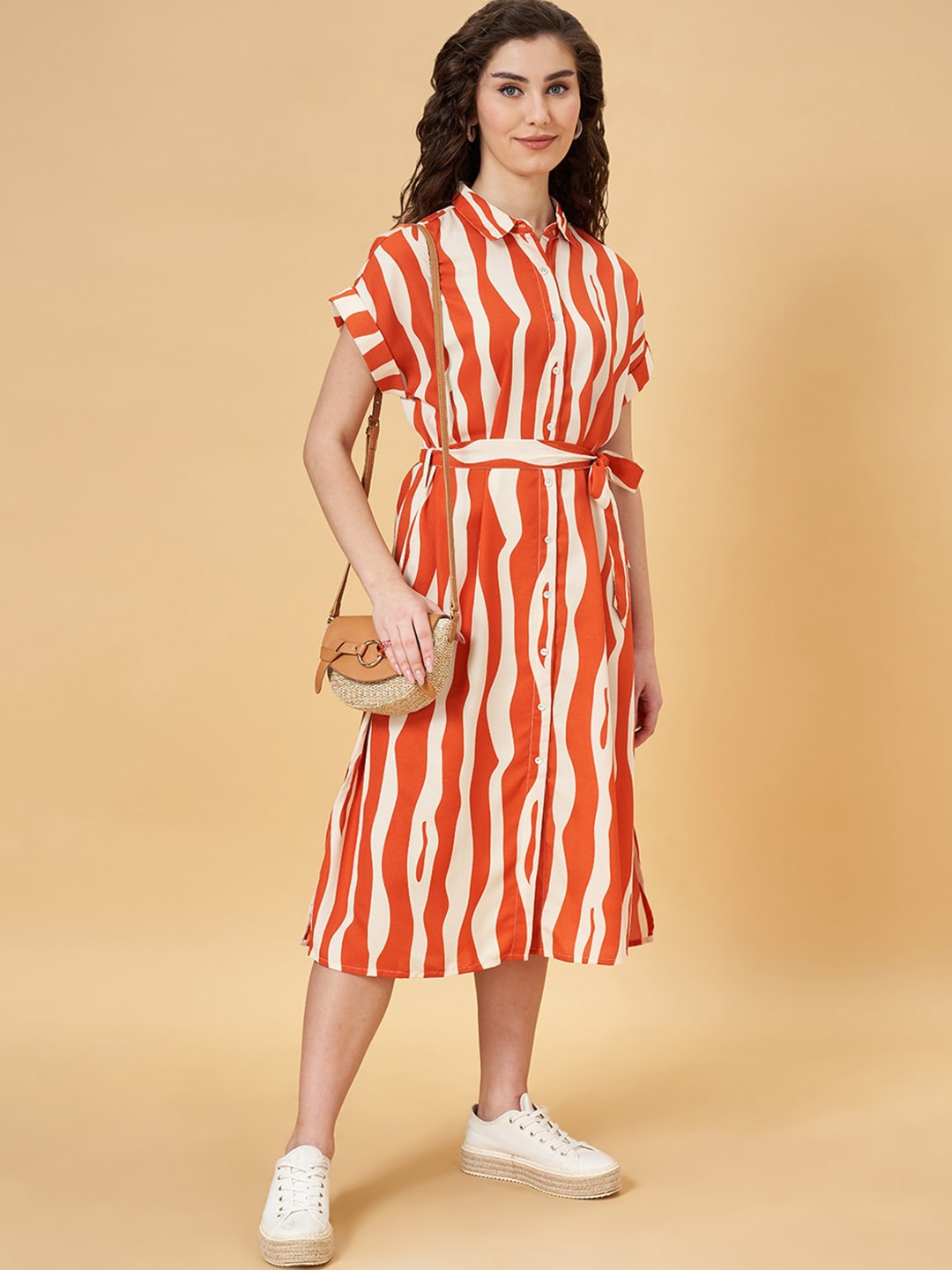 

YU by Pantaloons Abstract printed Shirt Collar Belted Midi A-Line Dress, Rust