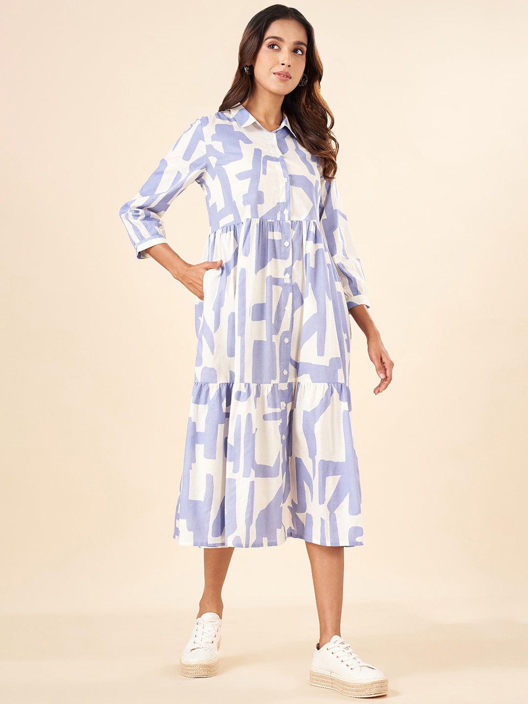 

AKKRITI BY PANTALOONS Printed Shirt Midi Dress, Purple